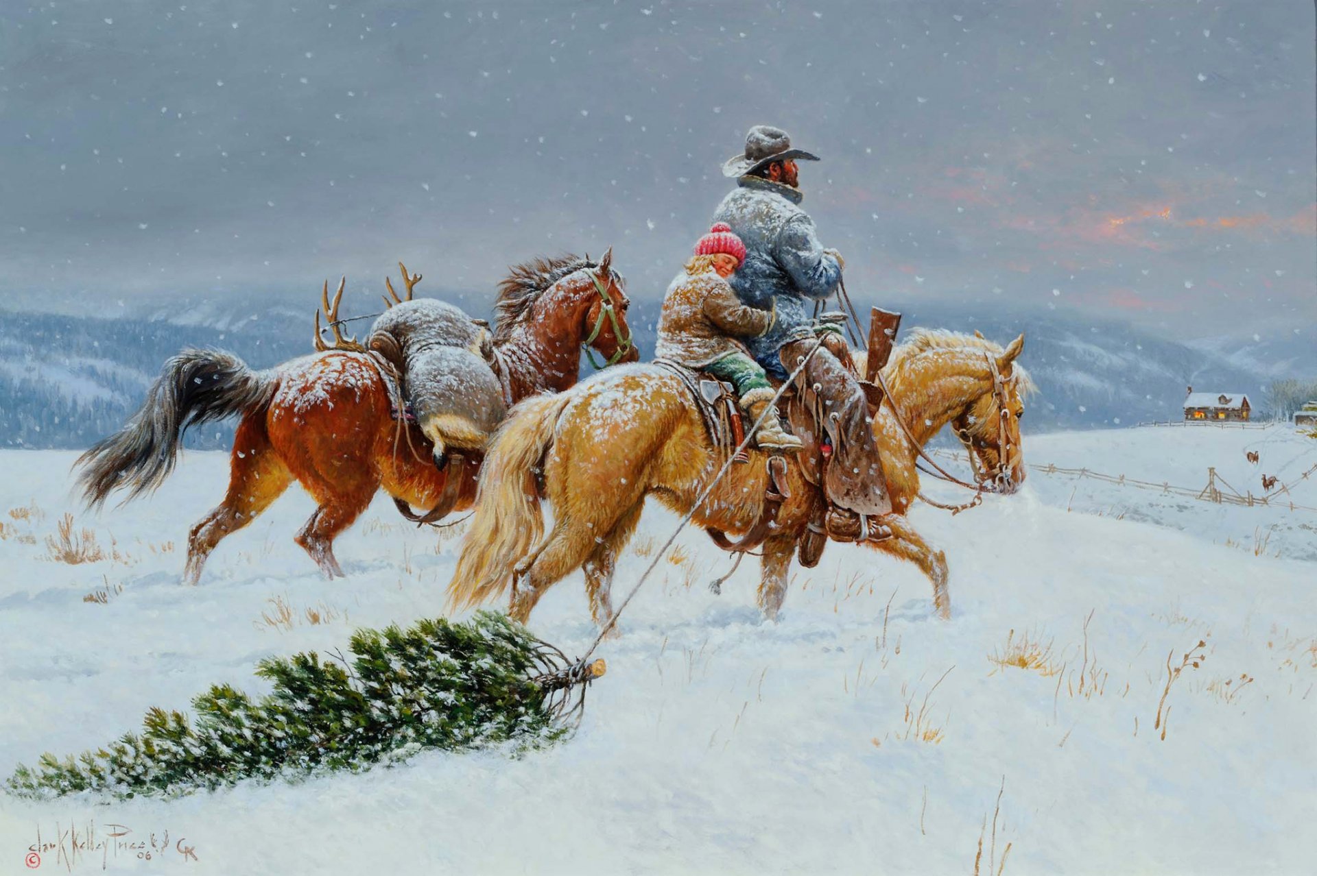 clark kelley price what money cant buy pattern genre winter holiday christmas christmas tree horse mountain sky snow house landscape