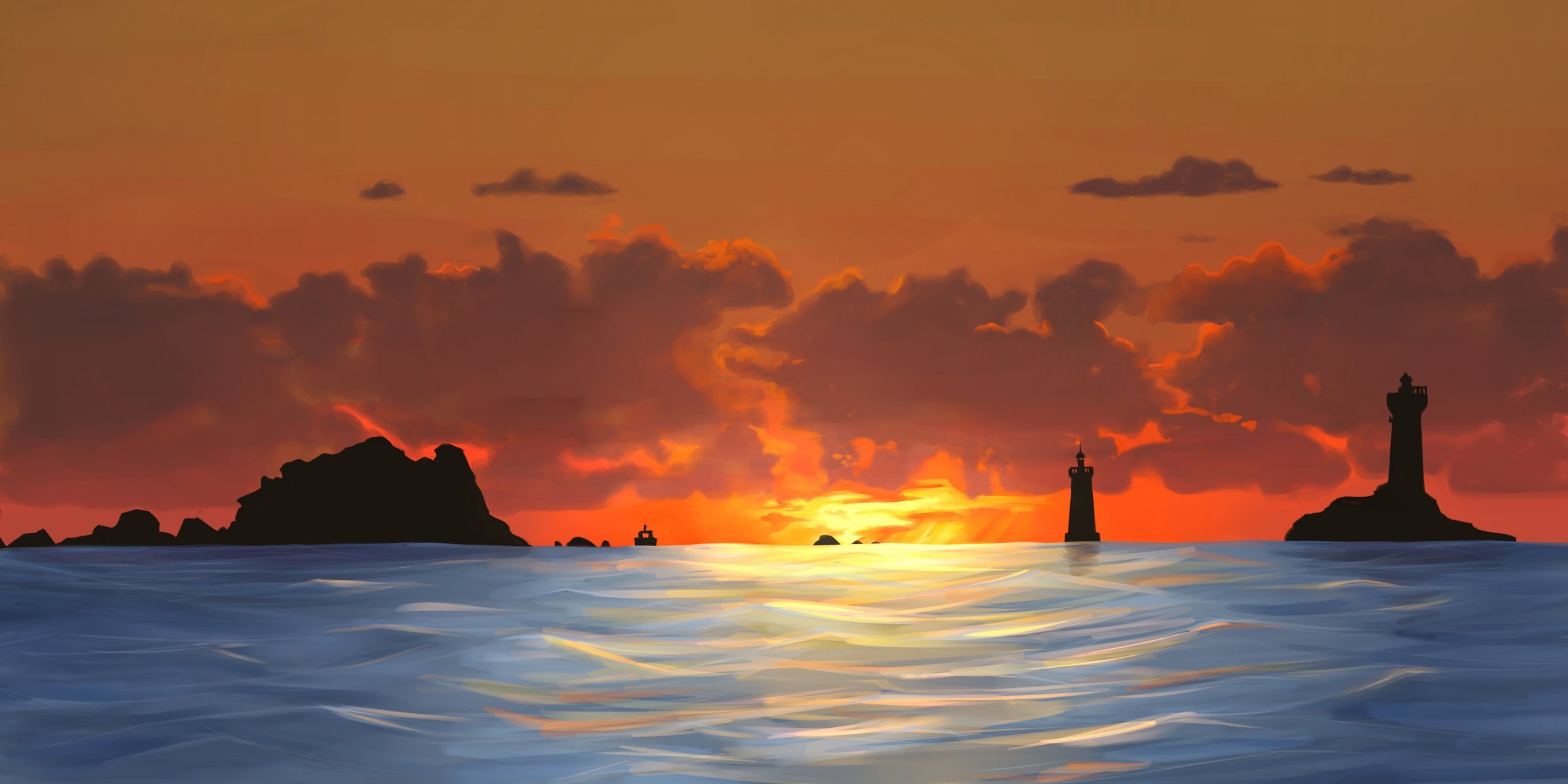 art painted landscape sea beacons cloud