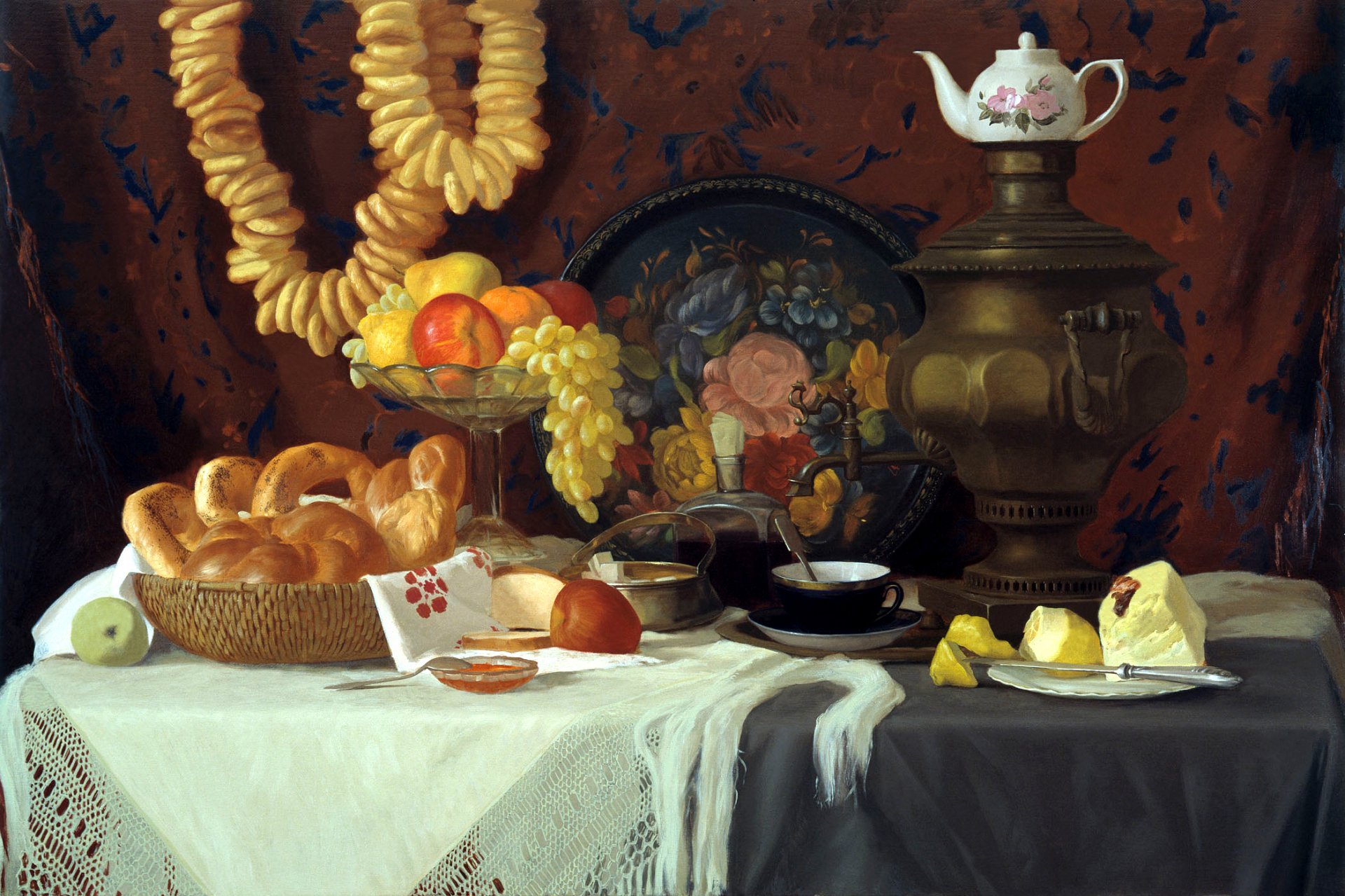 arte pintura pintura naturaleza muerta en mesa samovar té bagels pasteles pasteles florero frutas manzanas peras uvas mandarinas lienzo óleo artista stanislav moskvitin