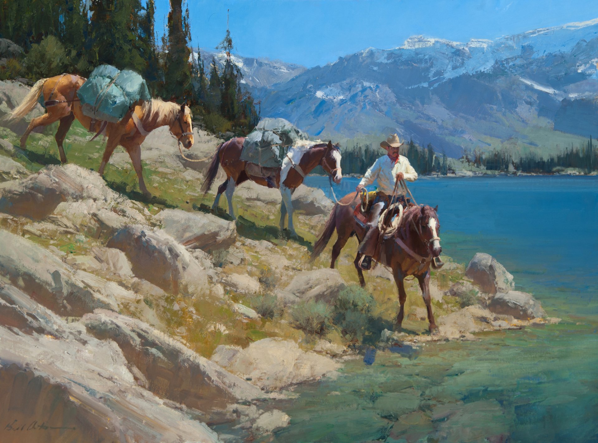 anton bill paysage ciel montagnes arbres lac chevaux cowboy