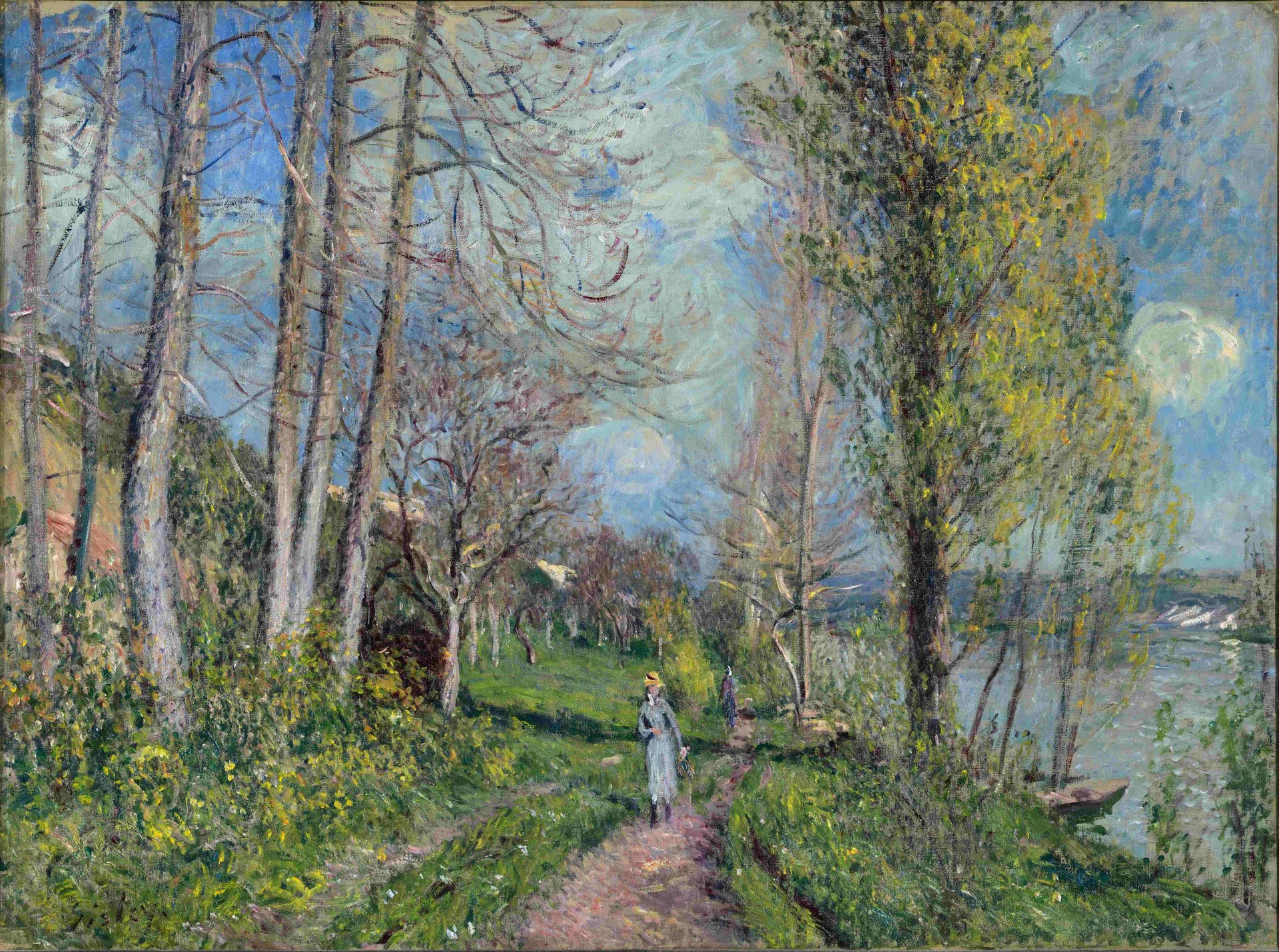 alfred sisley sentiero ragazza passeggiata fiume fieno alberi cielo nuvole immagine