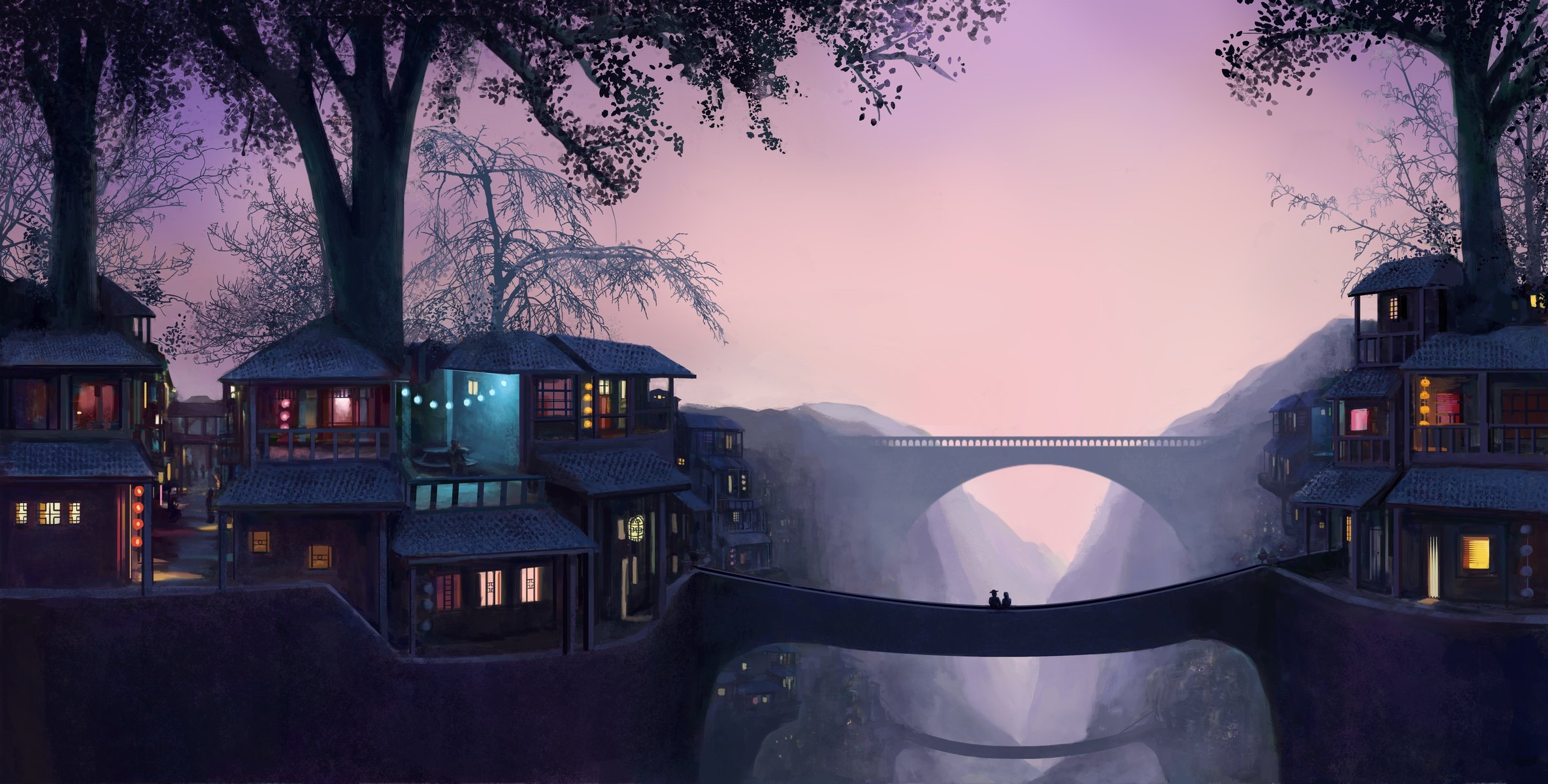 art sunset house light bridge romance tree