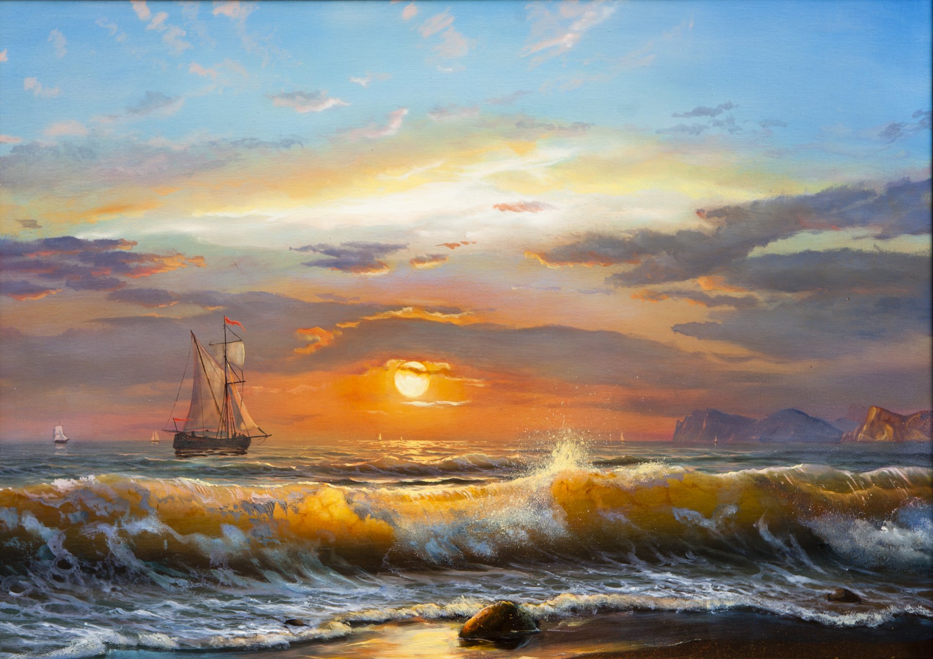 olio barca a vela mare onde tramonto paesaggio cielo nuvole pittura a olio luce del sole