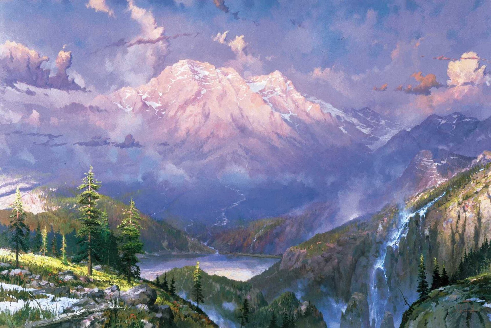 crepúsculo vista thomas kinkade pintura naturaleza montañas lago cascada nieve crepúsculo paisaje