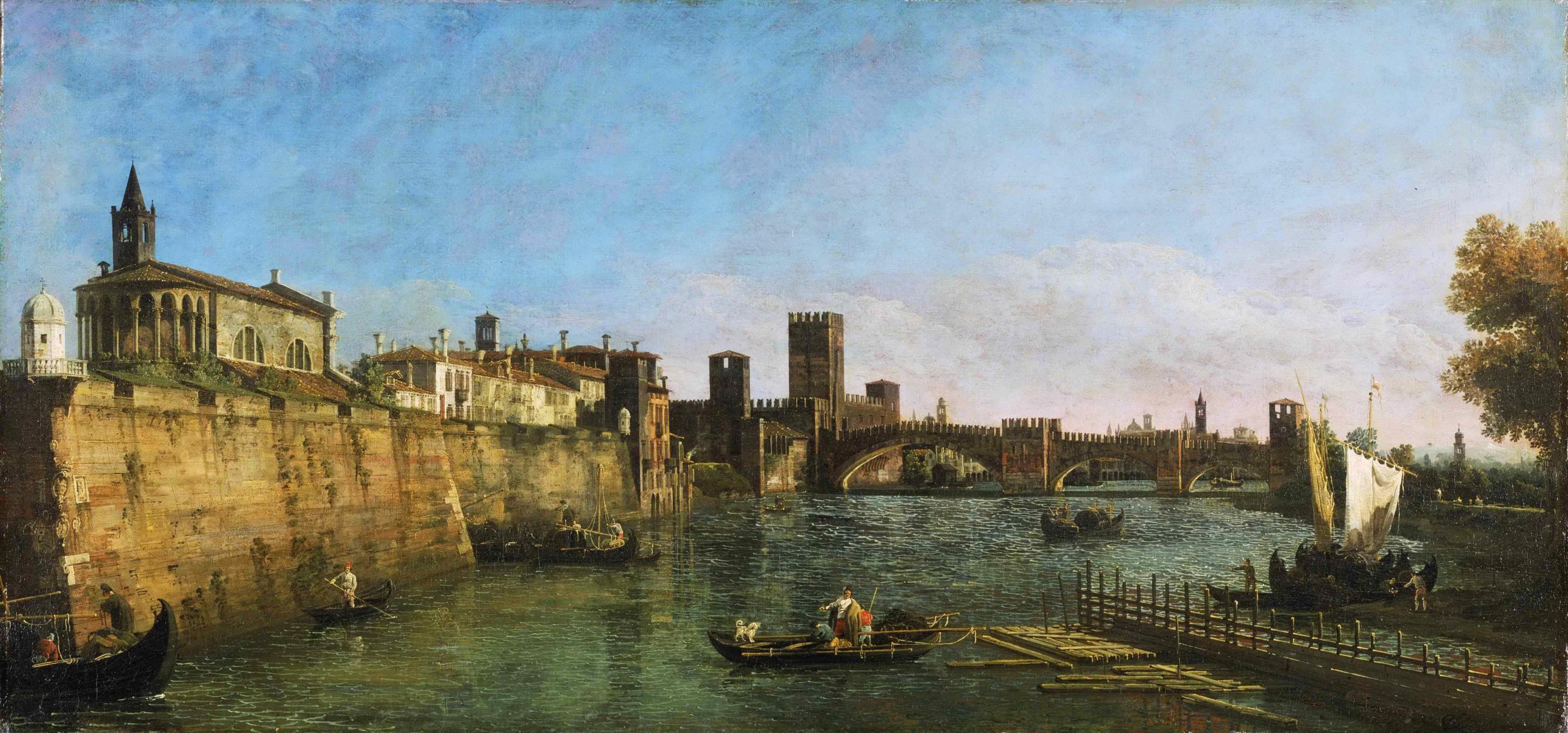 bernardo bellotto pintura italia ciudad verona cielo mar puente río pared terraplén torre casas barco personas