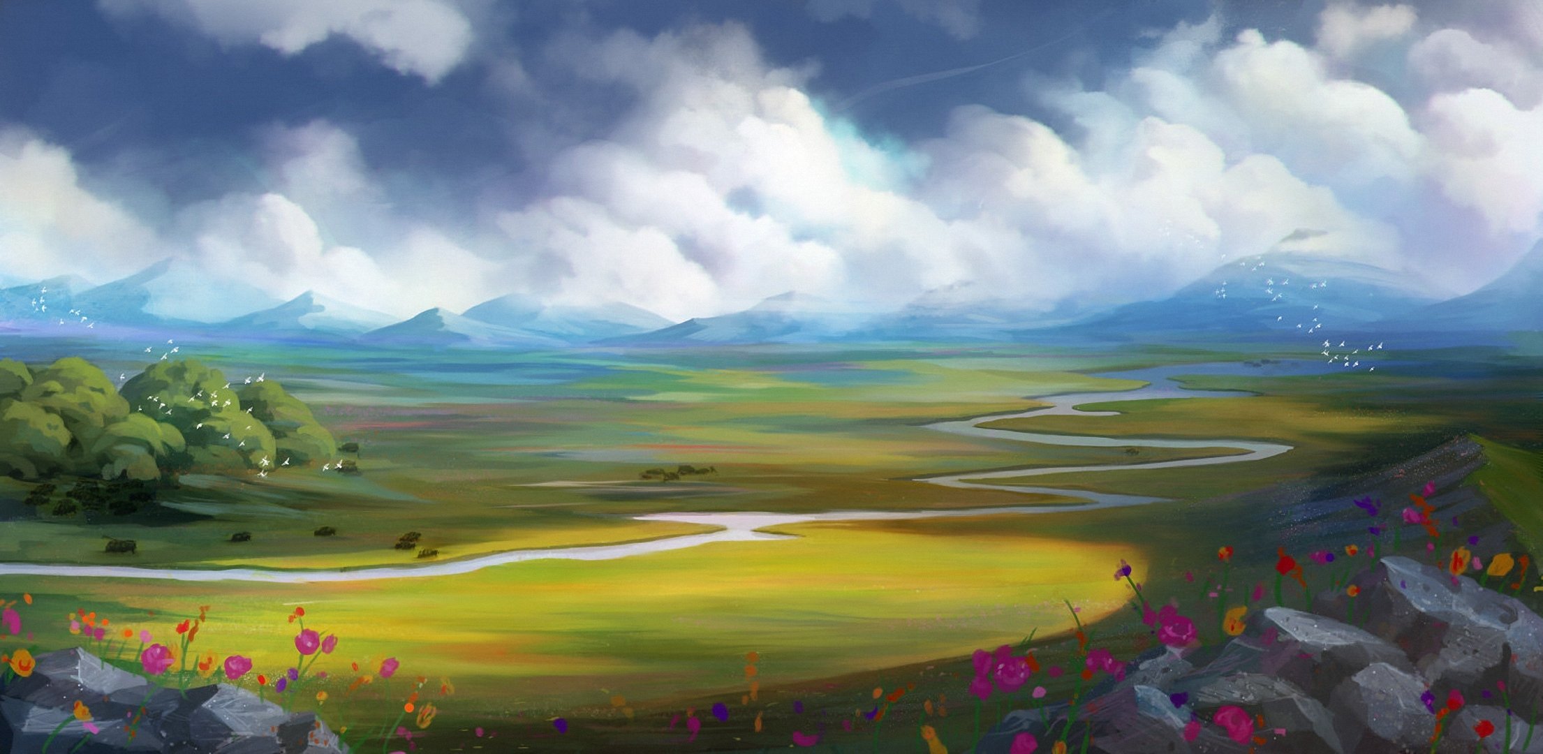 arte paesaggio dipinto fiume fiori nuvole uccelli