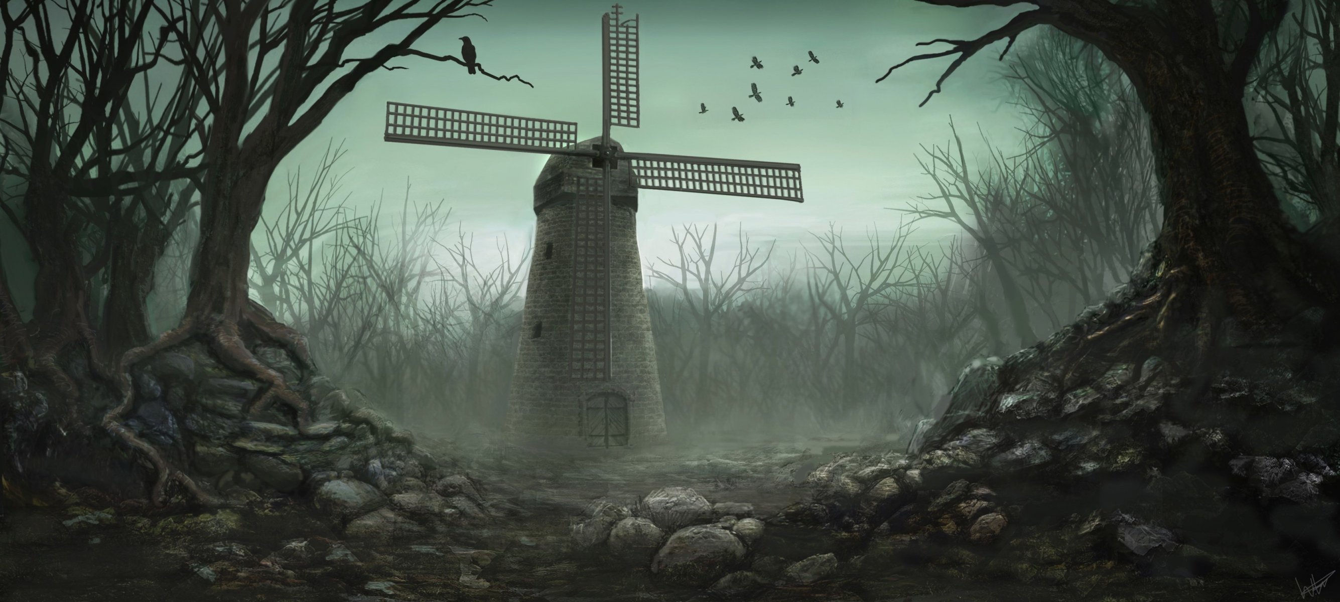 art moulin arbres forêt pierres corbeaux oiseaux sombre