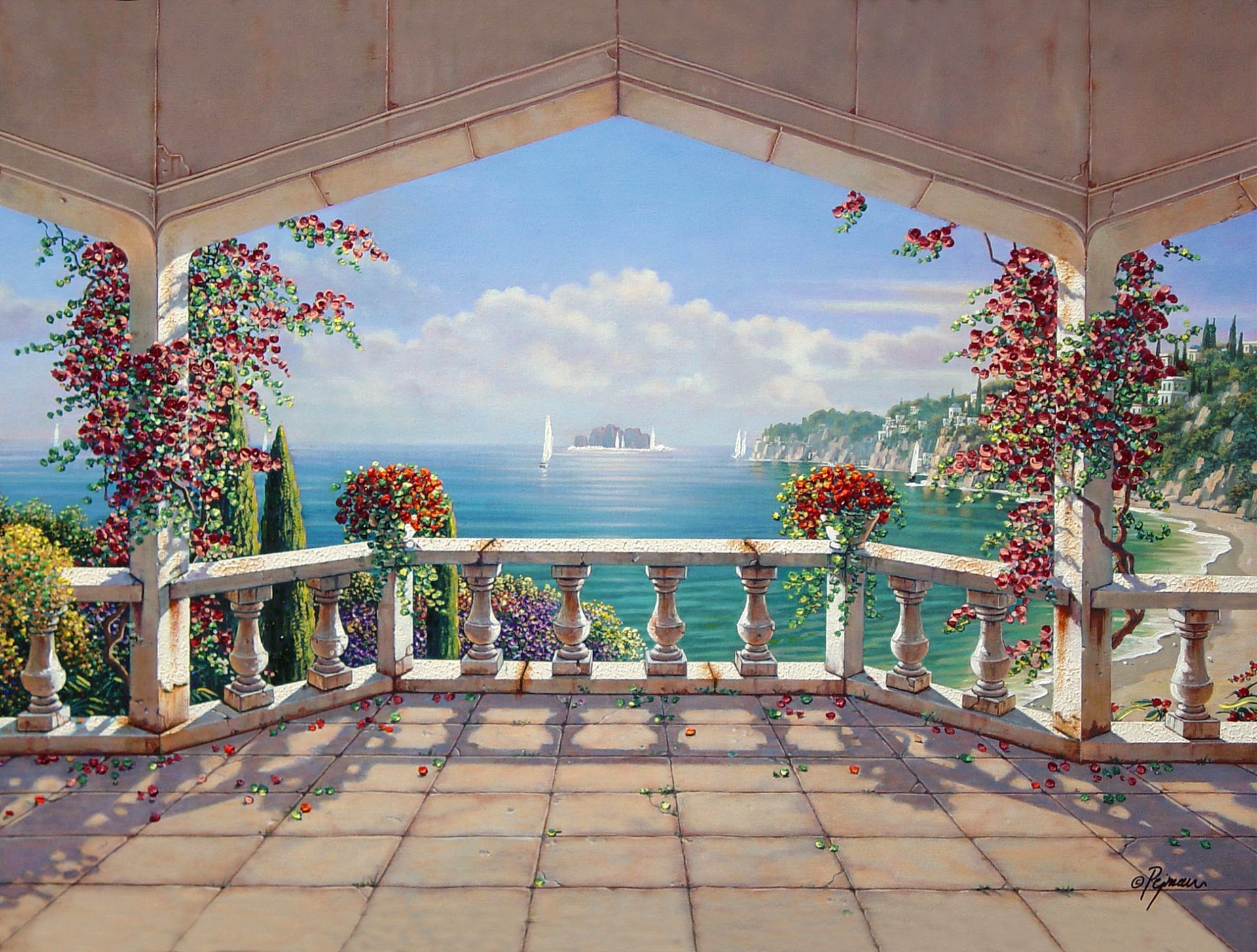 arte pintura pintura armonía verano villa de santorini villa de santorini italia paisaje naturaleza artista bob pejman bob peyman