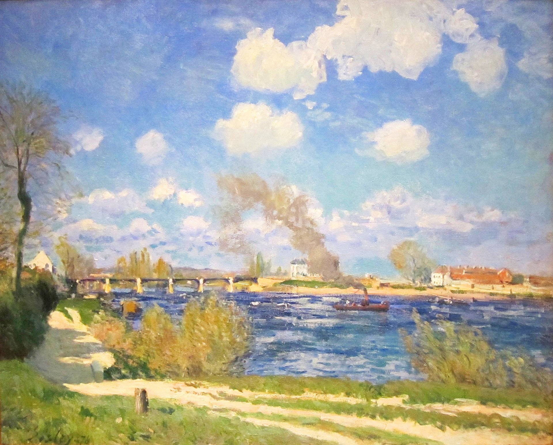 alfred sisley río puente barco de vapor primavera cielo nubes pintura