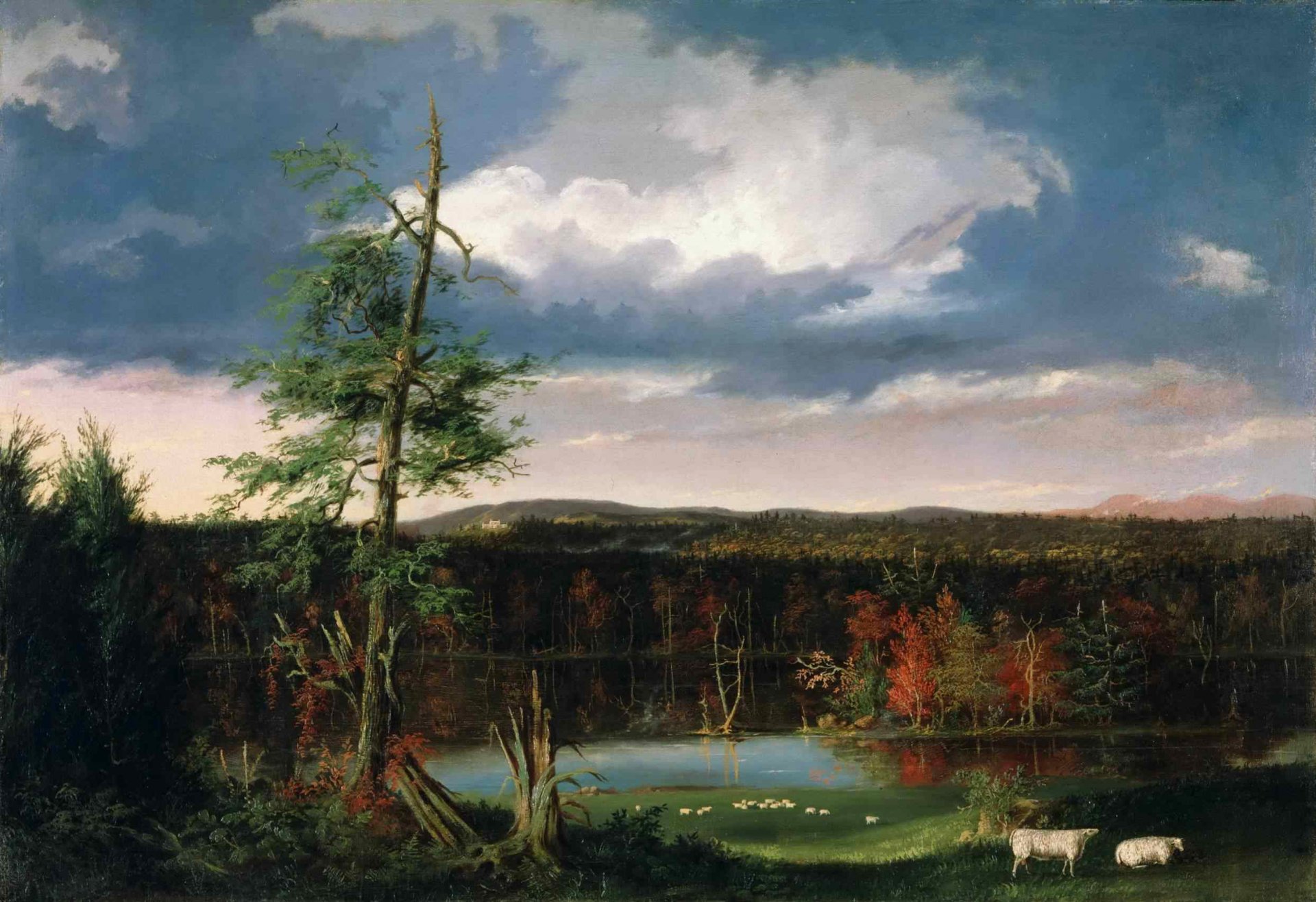 thomas cole pintura paisaje bosque cielo nubes lago vacas árbol otoño