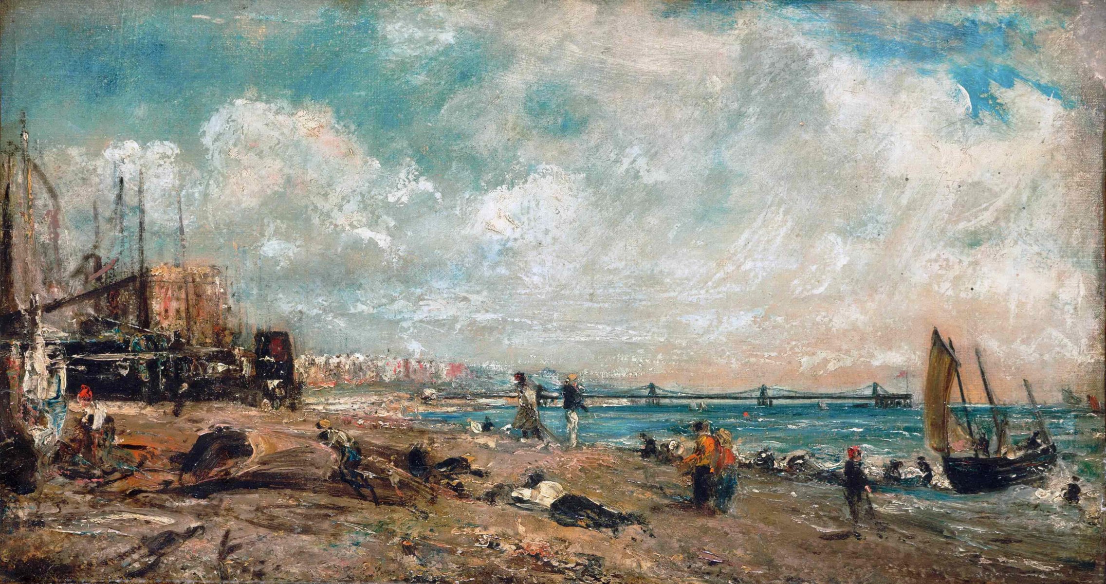 john constable pintura paisaje cielo nubes costa mar barco vela personas casa