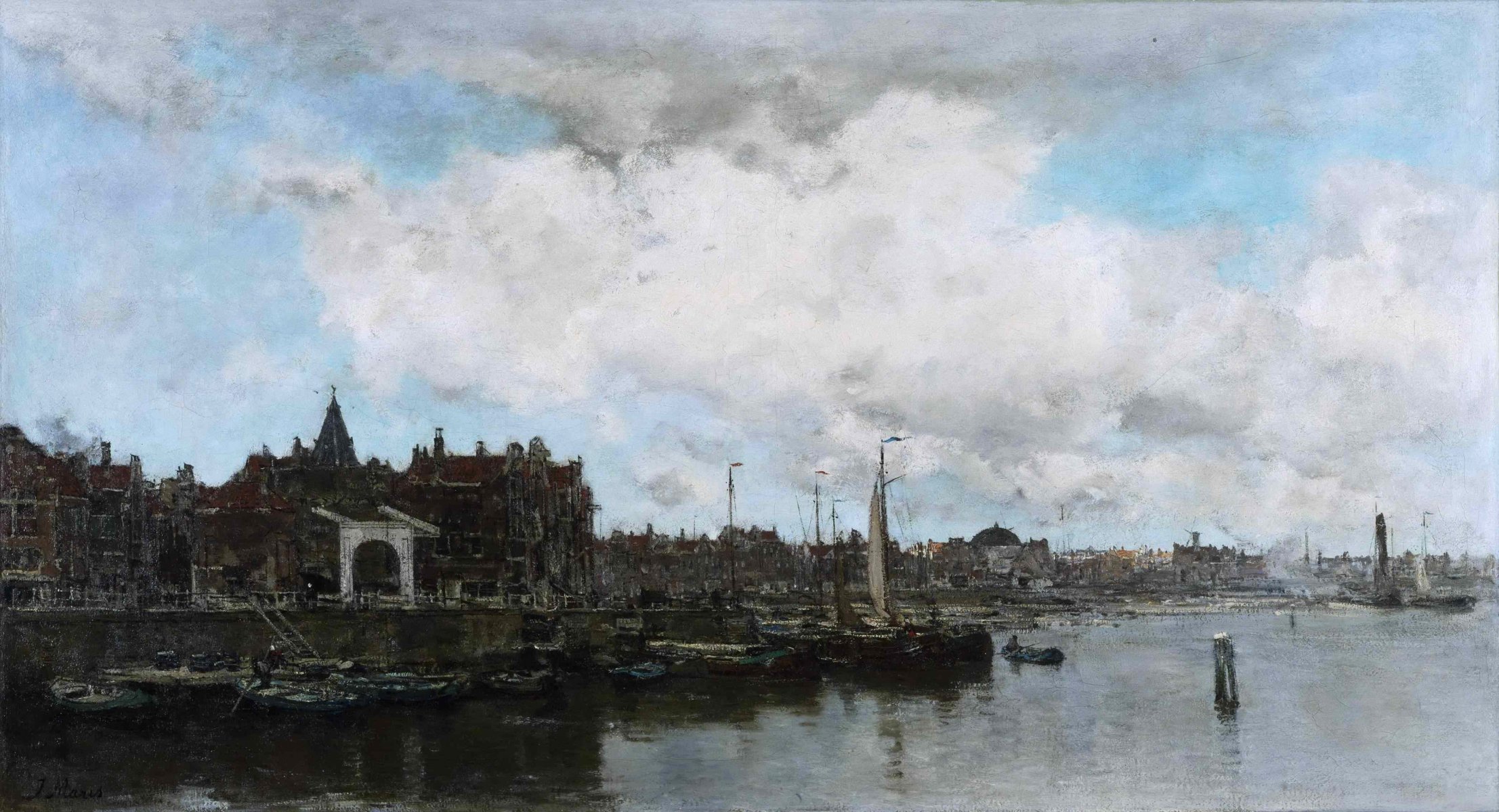 jakob hendricus maris bild landschaft himmel wolken fluss meer stadt boote segel promenade häuser hafen