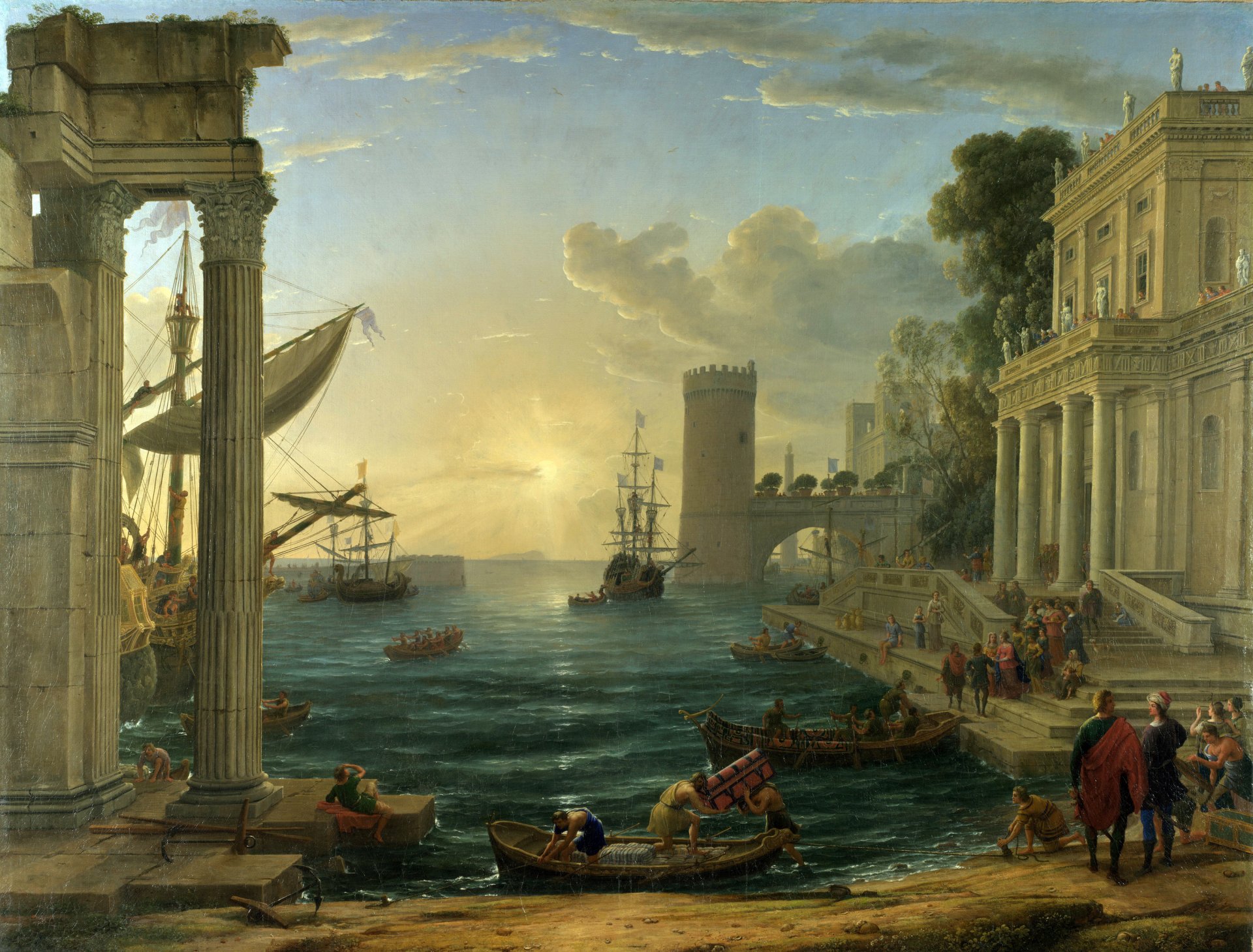 claude lorrain atterraggio della regina di saba pittura cielo mare città persone barca paesaggio