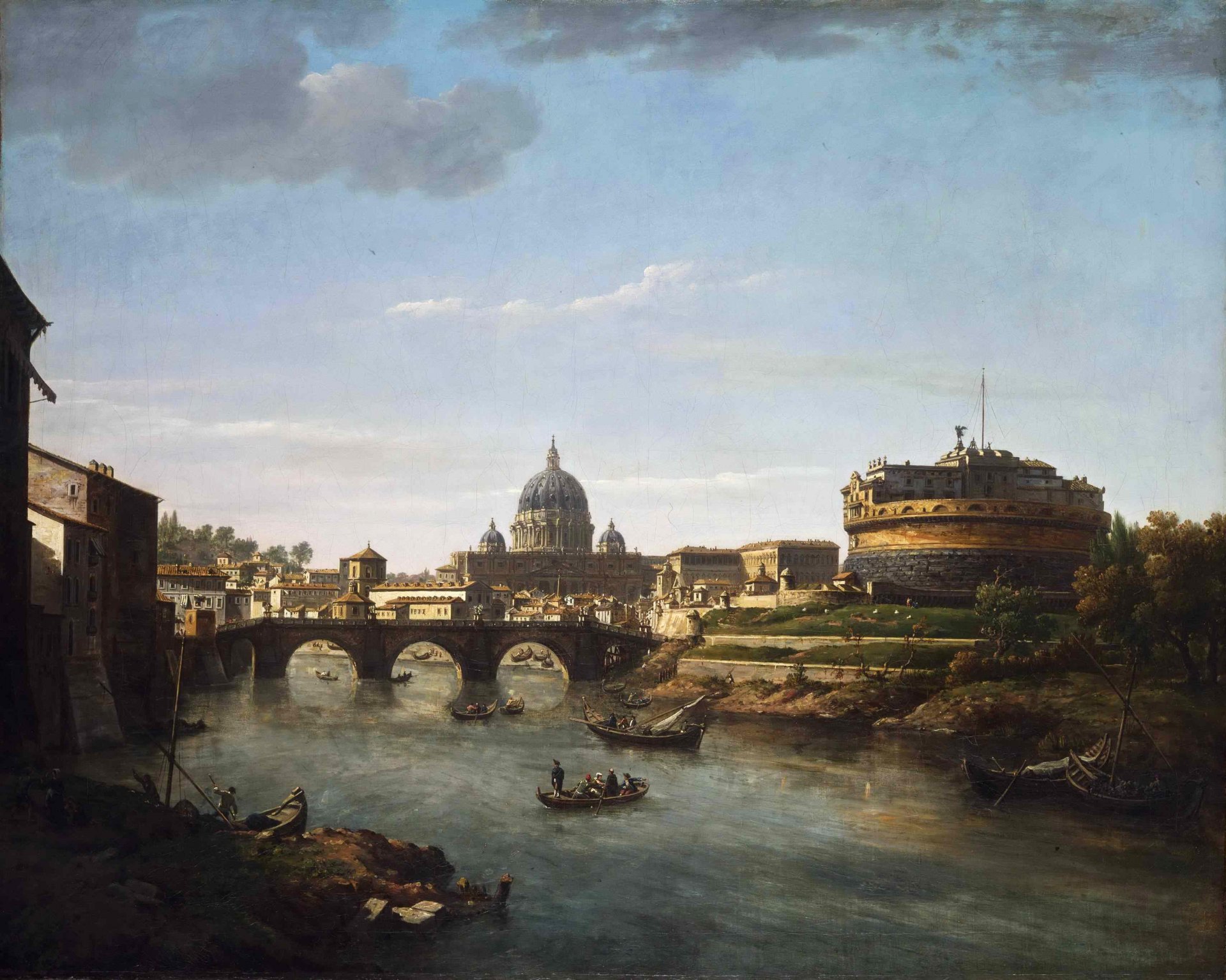 william marlow pattern rome bridge cathedral tower dome boat people river tiber sky cloud