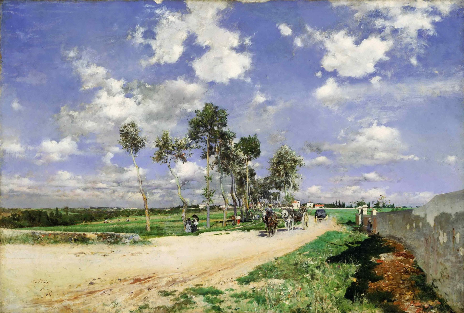 giovanni boldini pittura paesaggio cielo nuvole carro cavallo persone strada alberi erba foresta orizzonte