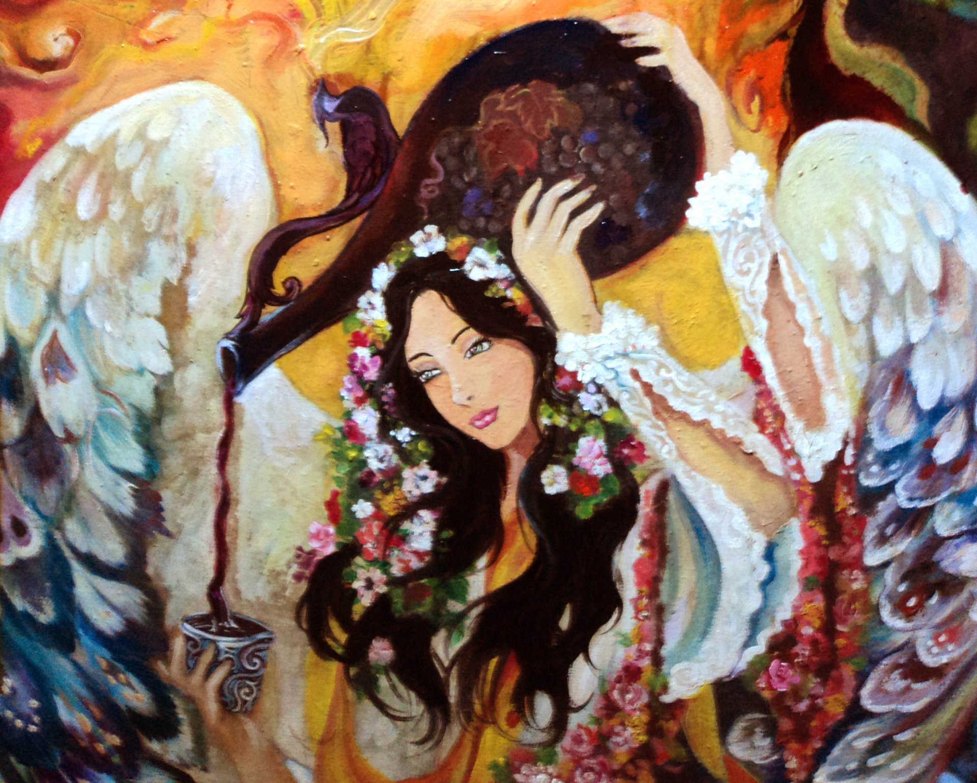 painting girl view face hair hands flower wings angel