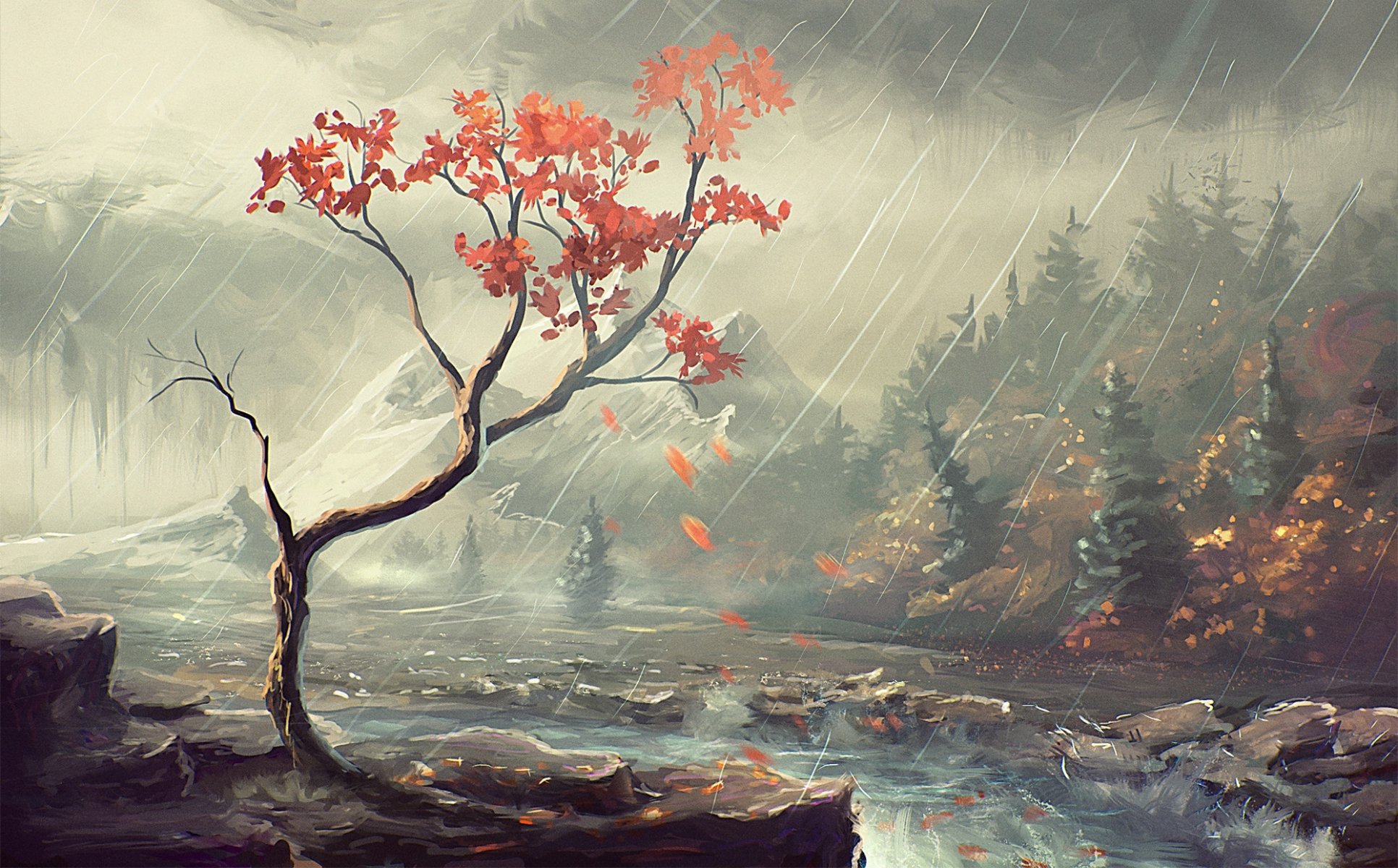 otoño lluvia arte bosque río orilla árboles