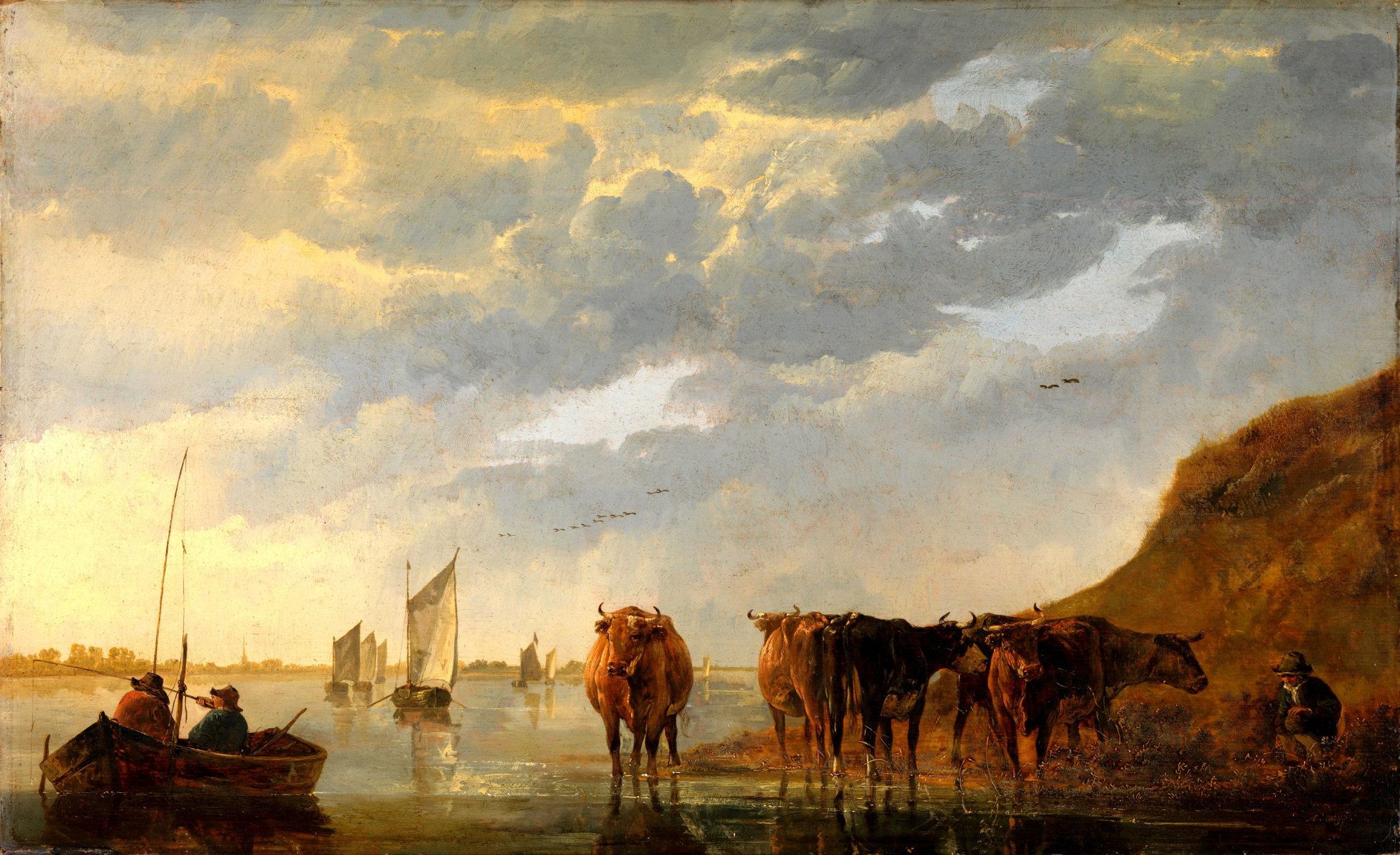 albert cape pastor con cinco vacas en el río pintura paisaje cielo río barco gente vela