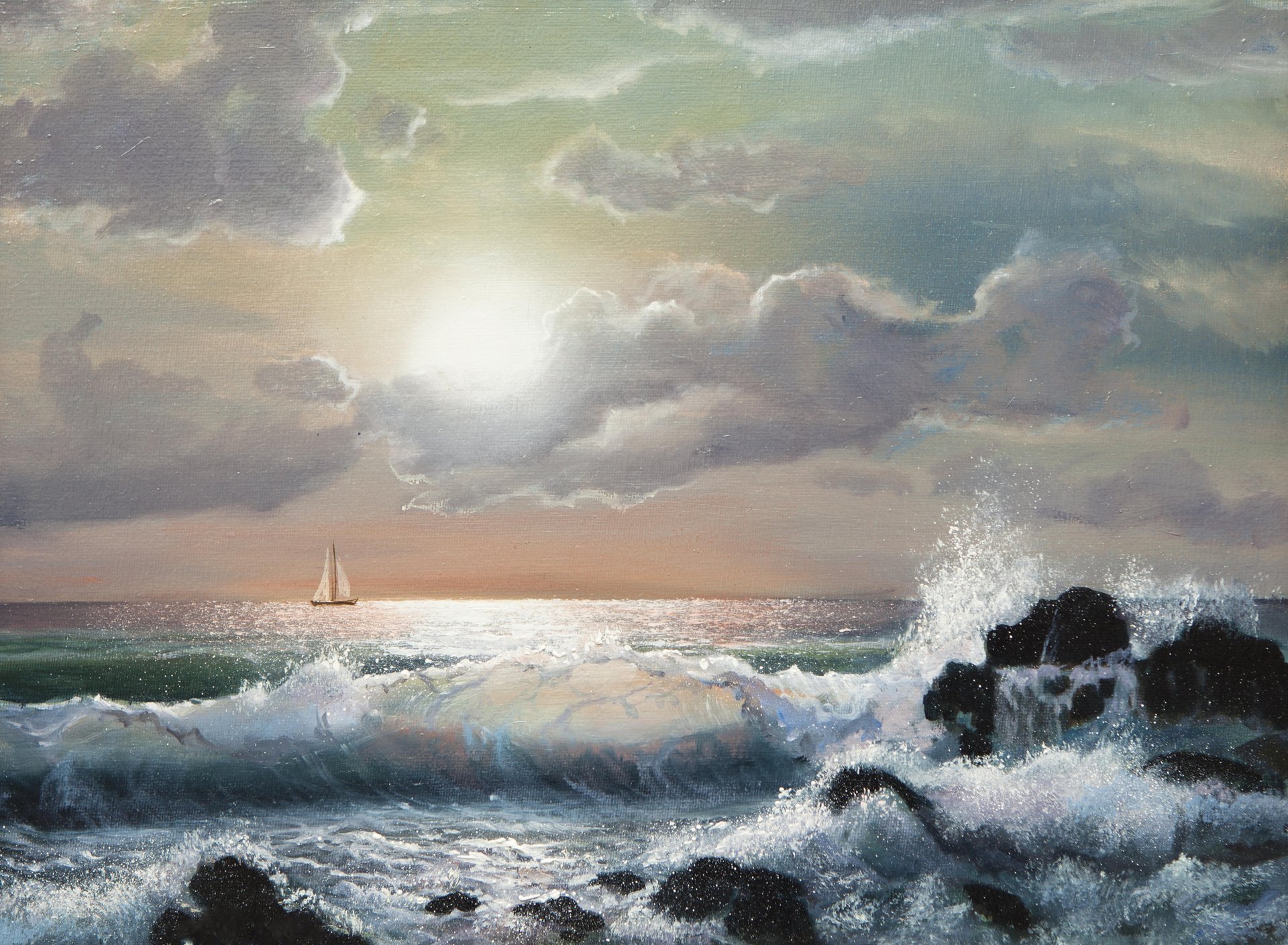 pintura mar. olas nave horizonte cielo nubes