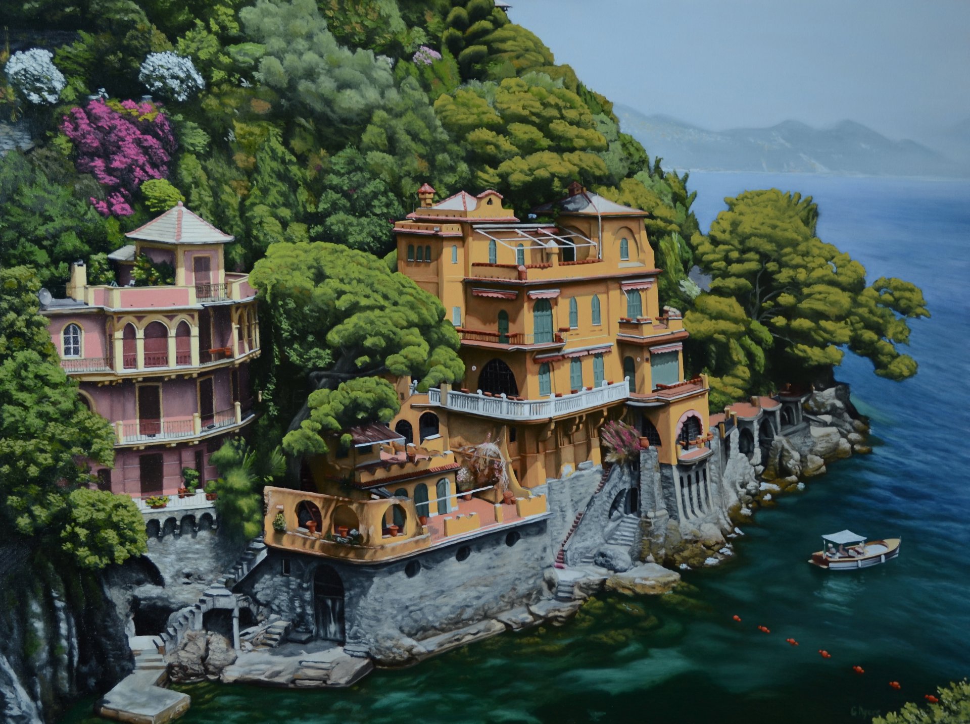 painting landscape house sea boat tree