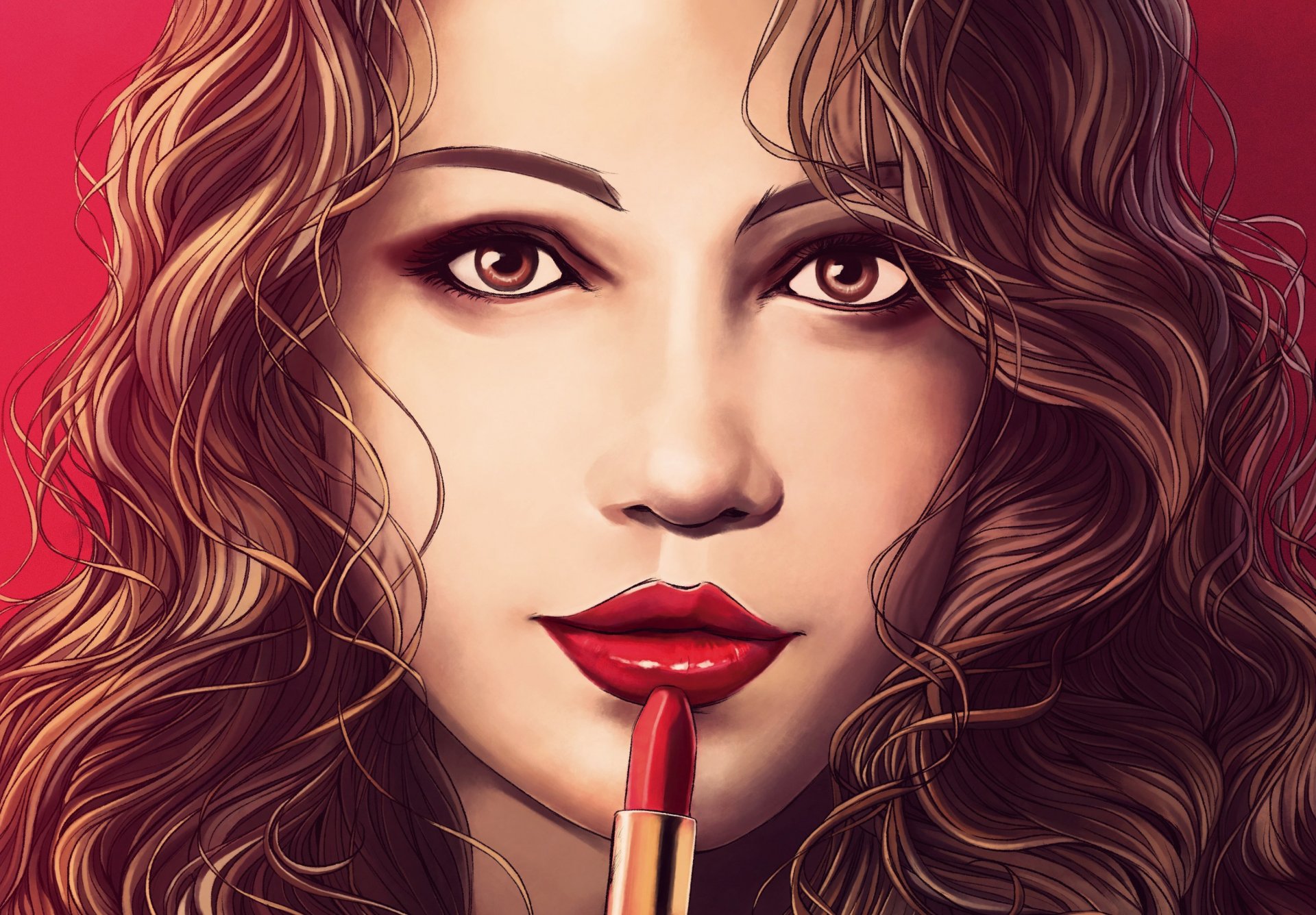 pintura arte chica mirada cara labios rojos lápiz labial cabello