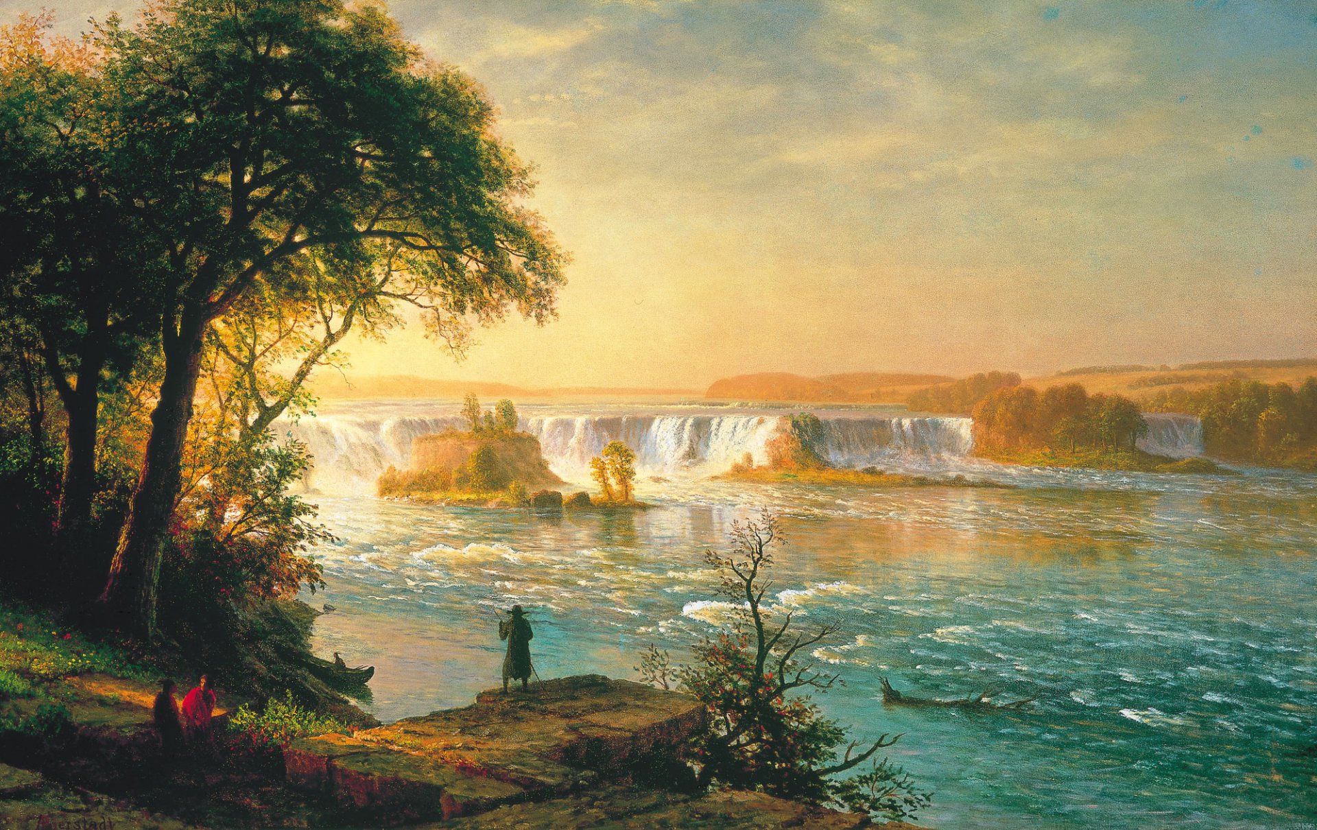 albert bierstadt pattern landscape sky clouds river rapids waterfall tree people boat