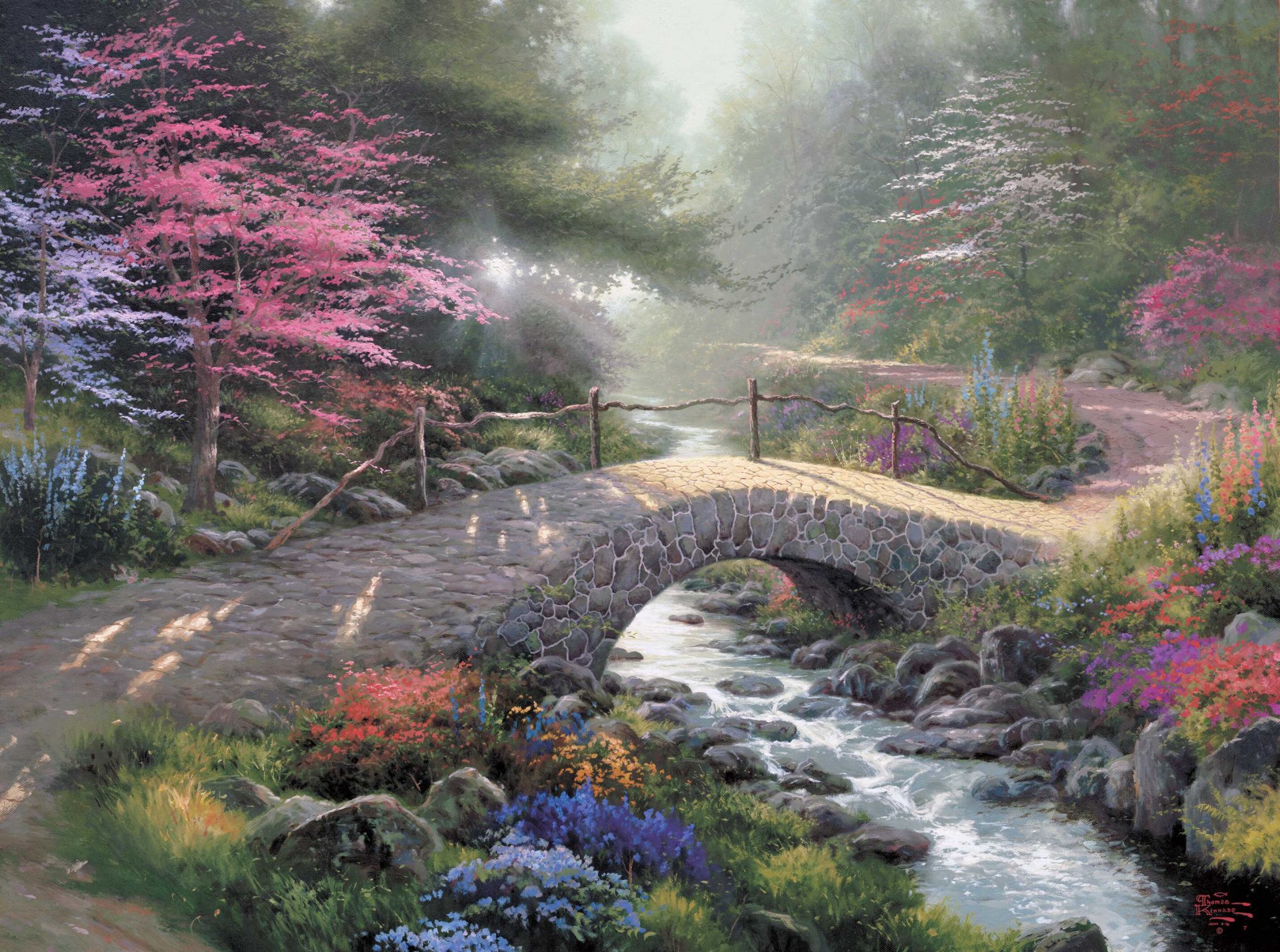 bridge of faith thomas kinkade painting kinkade bridge sunlight light forest park creek nature