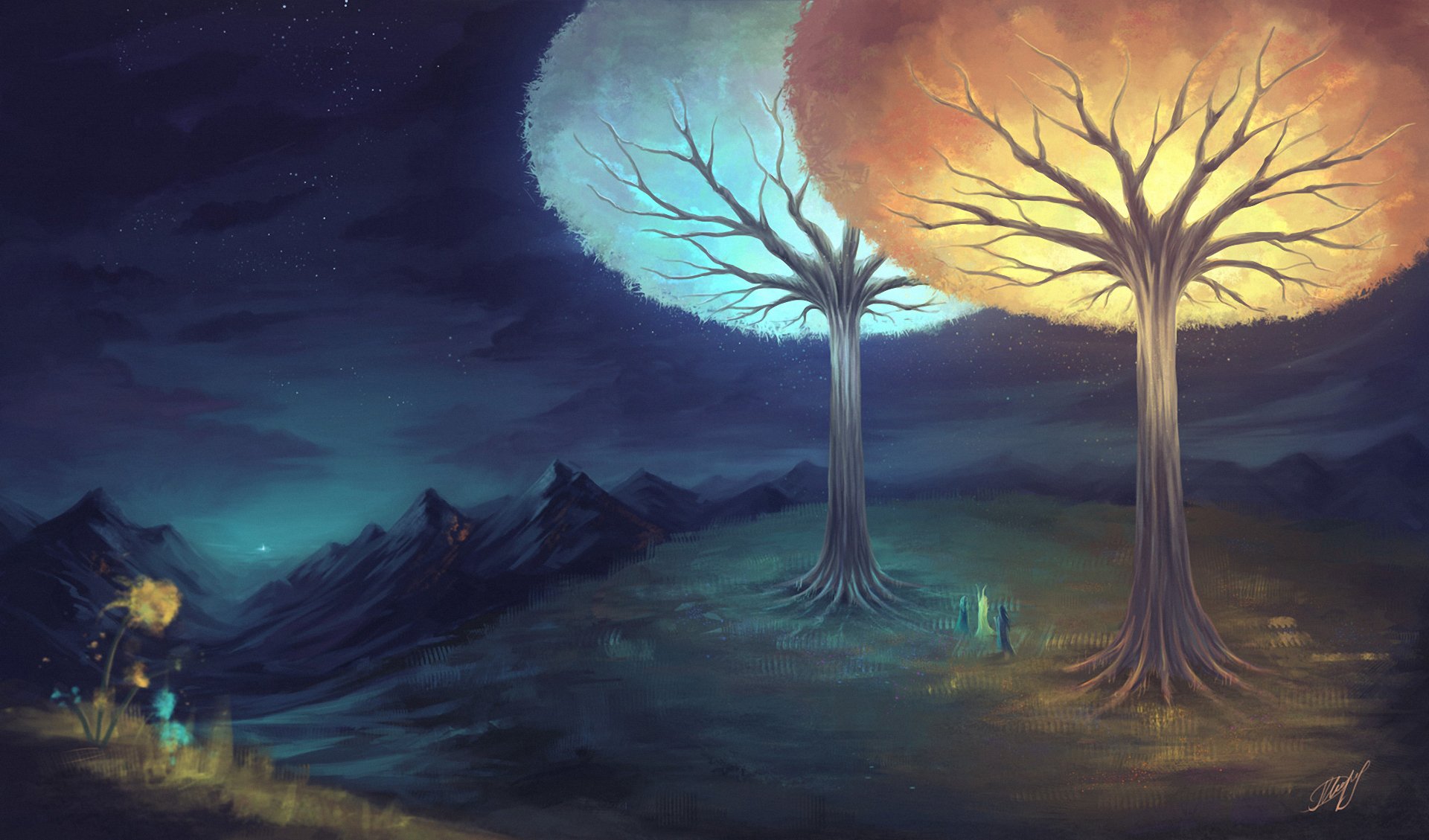 art painted landscape night tree glow