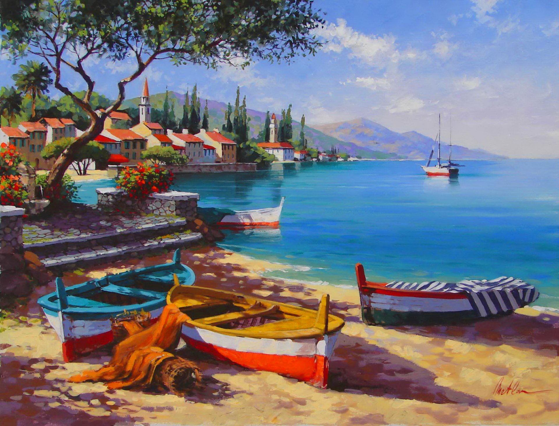 anatoly metlan pattern landscape sky sea town bay boat ship mountain