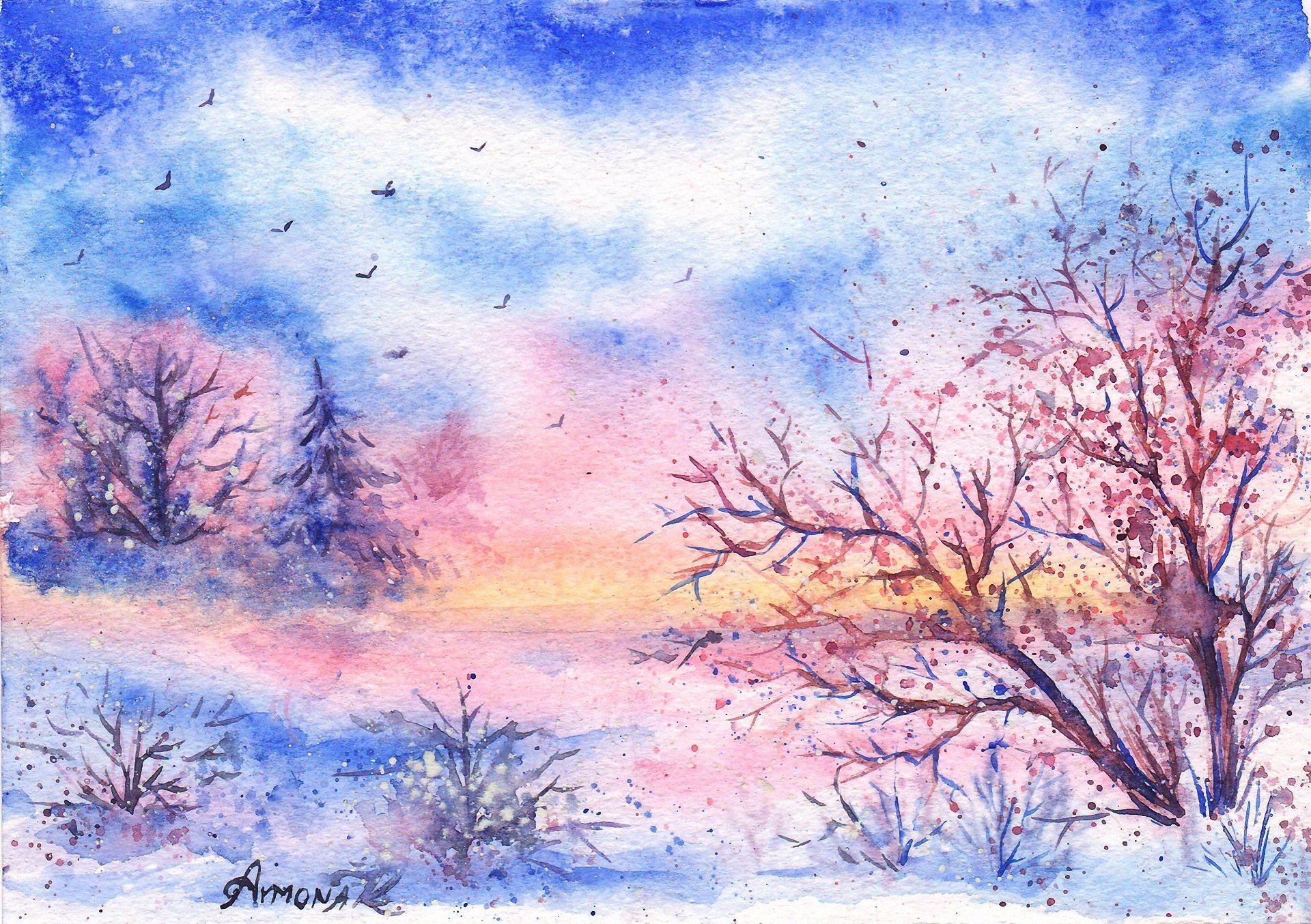 paysage dessiné aquarelle hiver neige oiseaux arbres