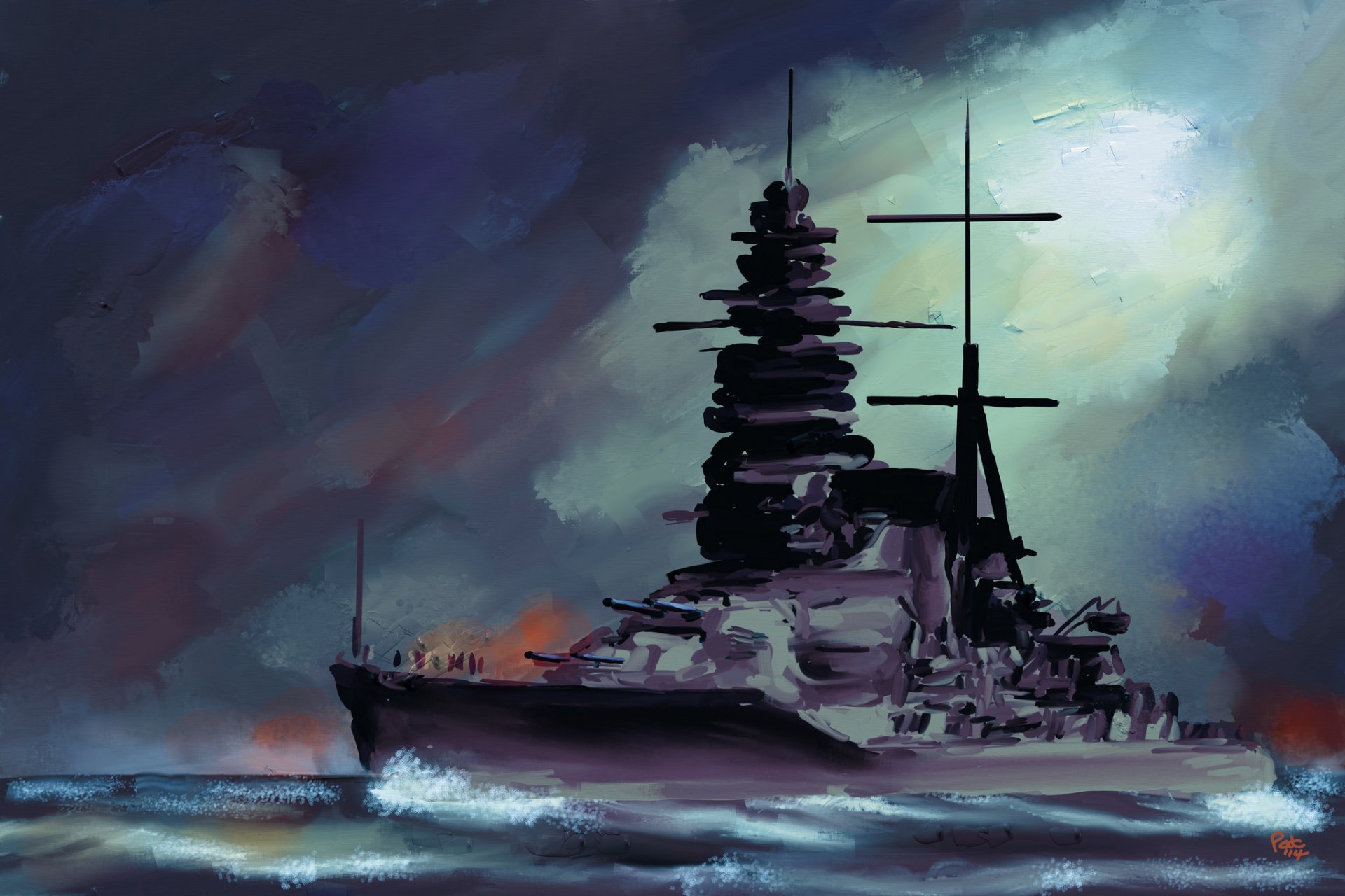 mutsu battleship japan imperial fleet sea sky painting