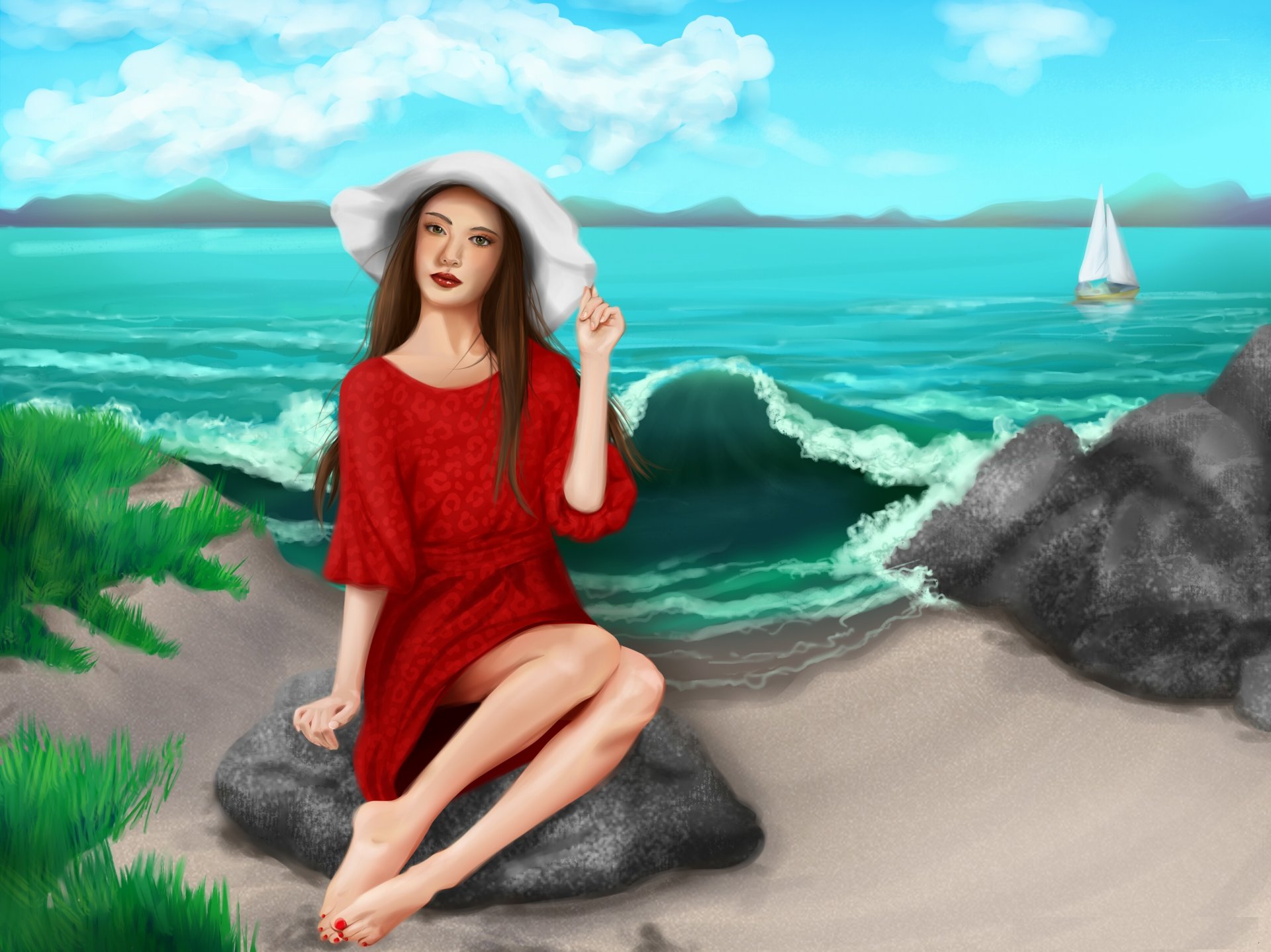 painting art girl view hat red dress feet sand sea sky cloud