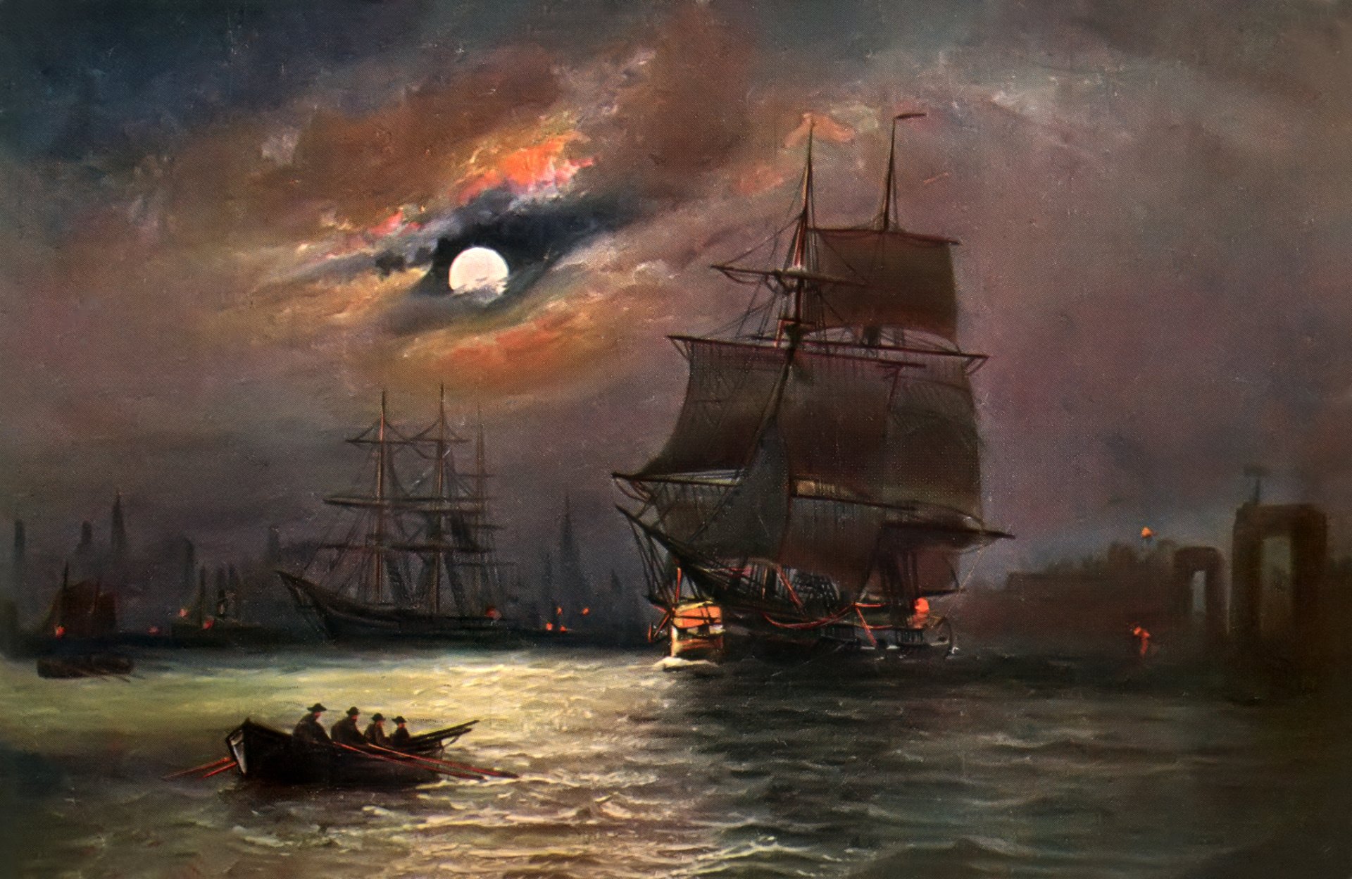 alfred jansen pattern landscape sea sky ship sail boat night moon