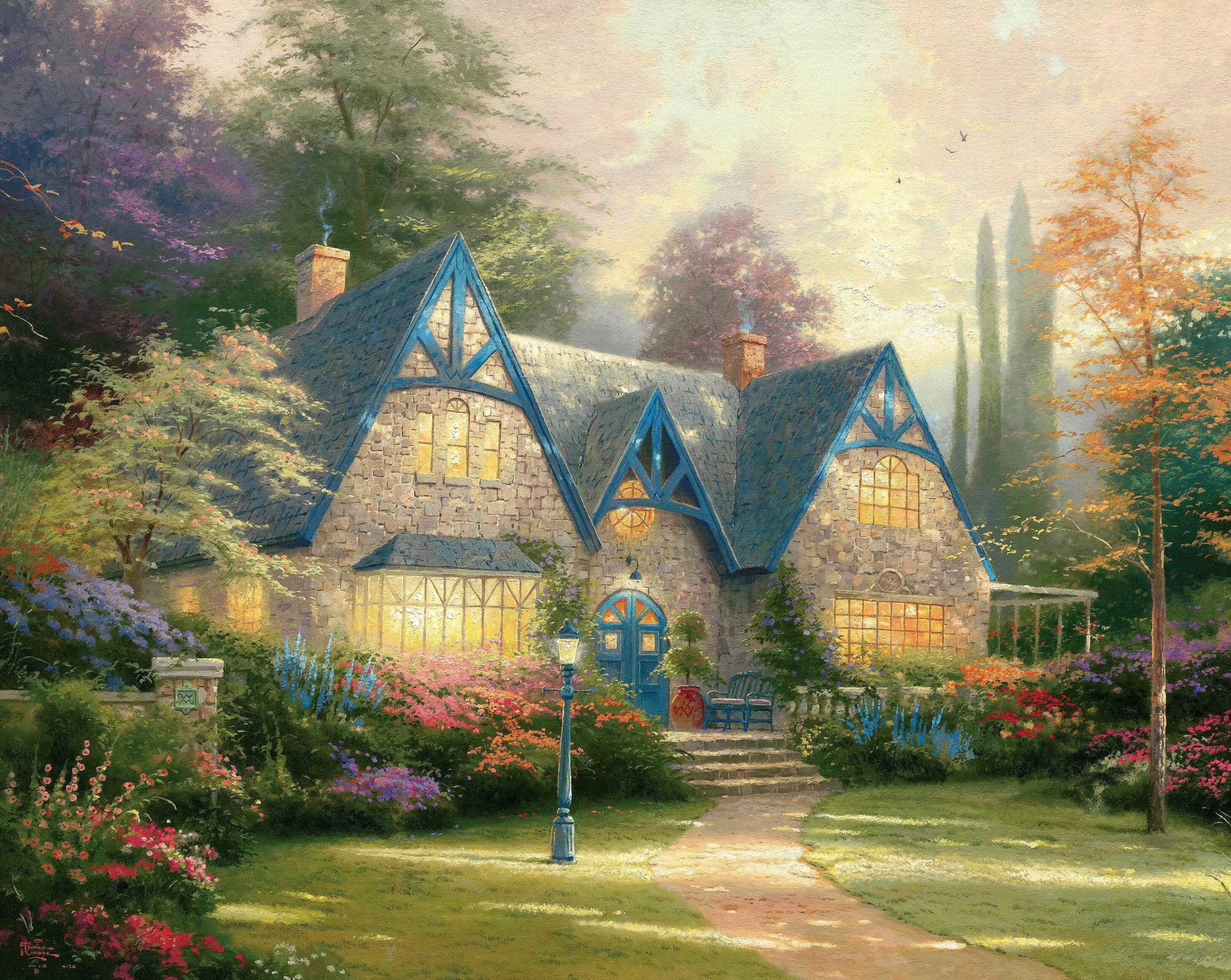 casa de winsora thomas kinkade pintura casa finca casa casa jardín flores linterna