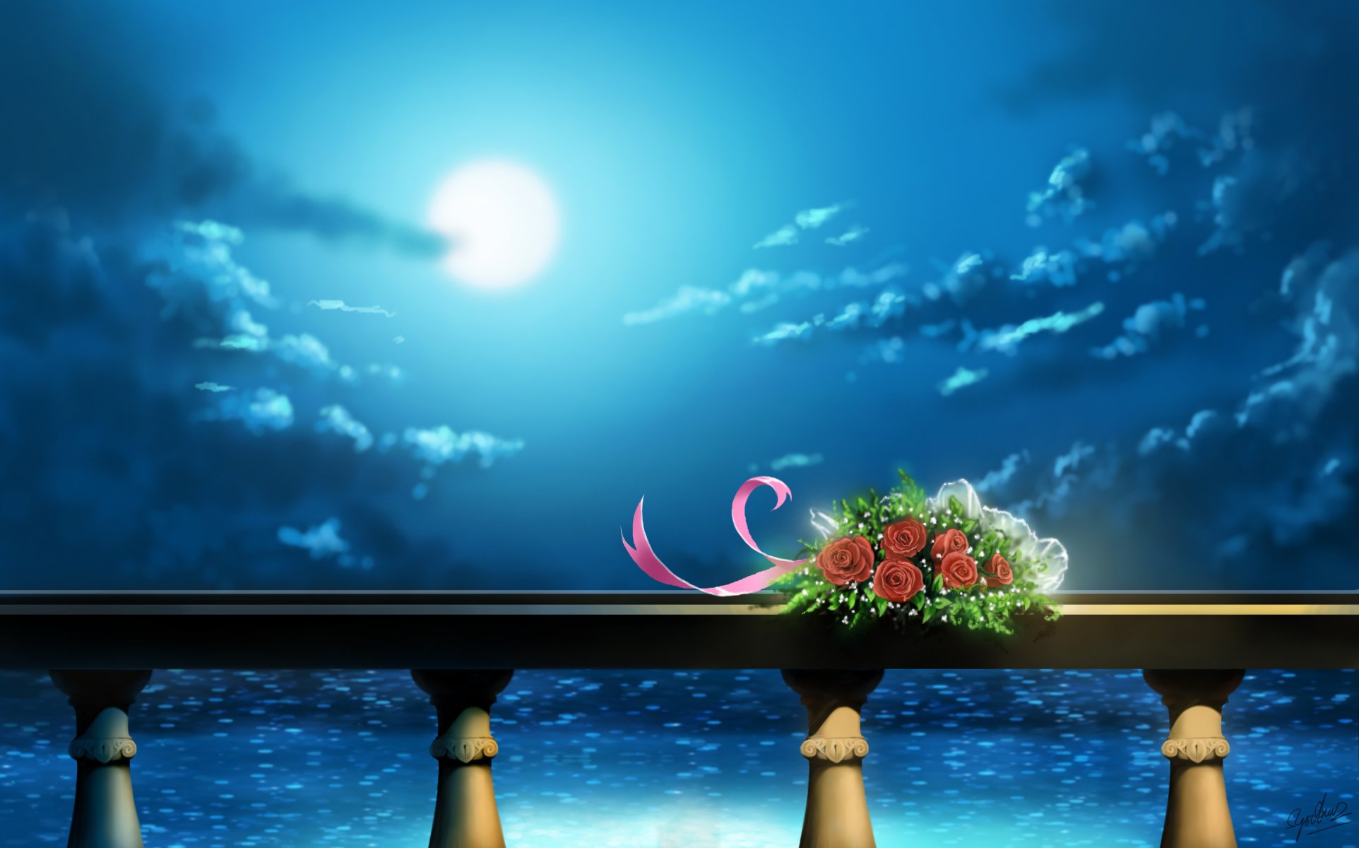 art balustrade bouquet fleurs nuit lune mer nuages