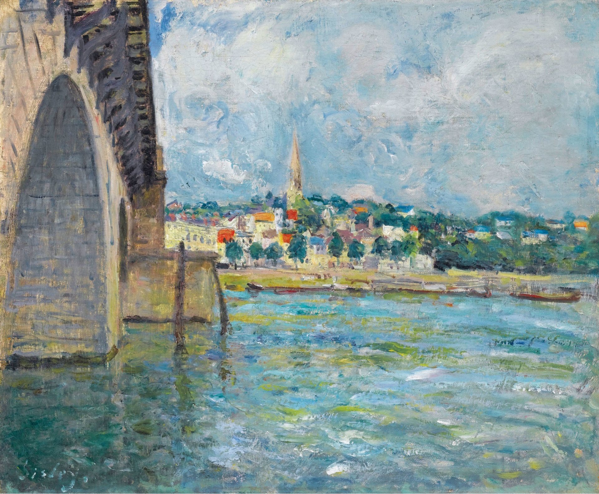 alfred sisley river bridge town sky clouds pattern