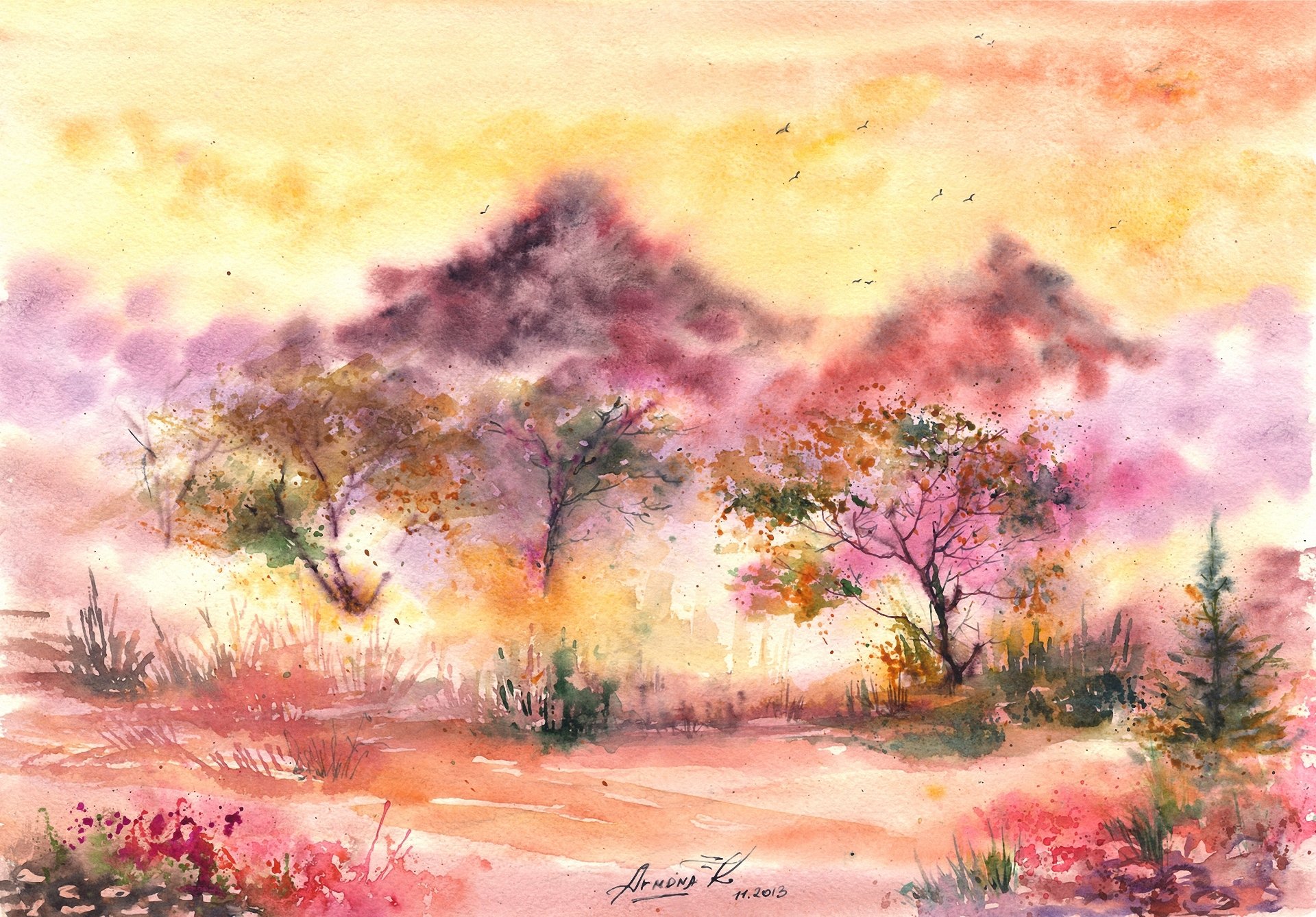 gezeichnete landschaft aquarell bäume vögel laub gras