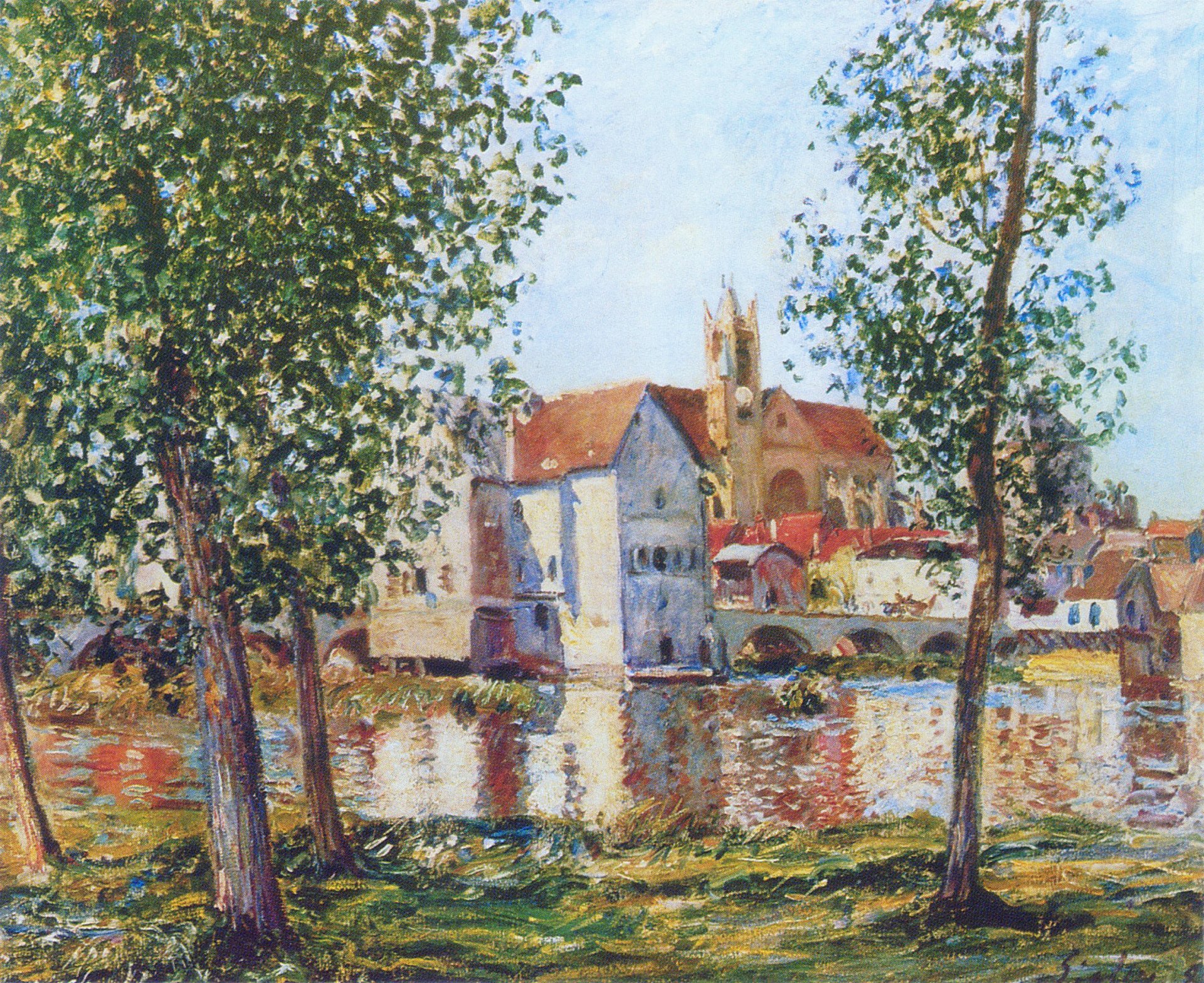 alfred sisley fluss stadt häuser brücke tag himmel bild