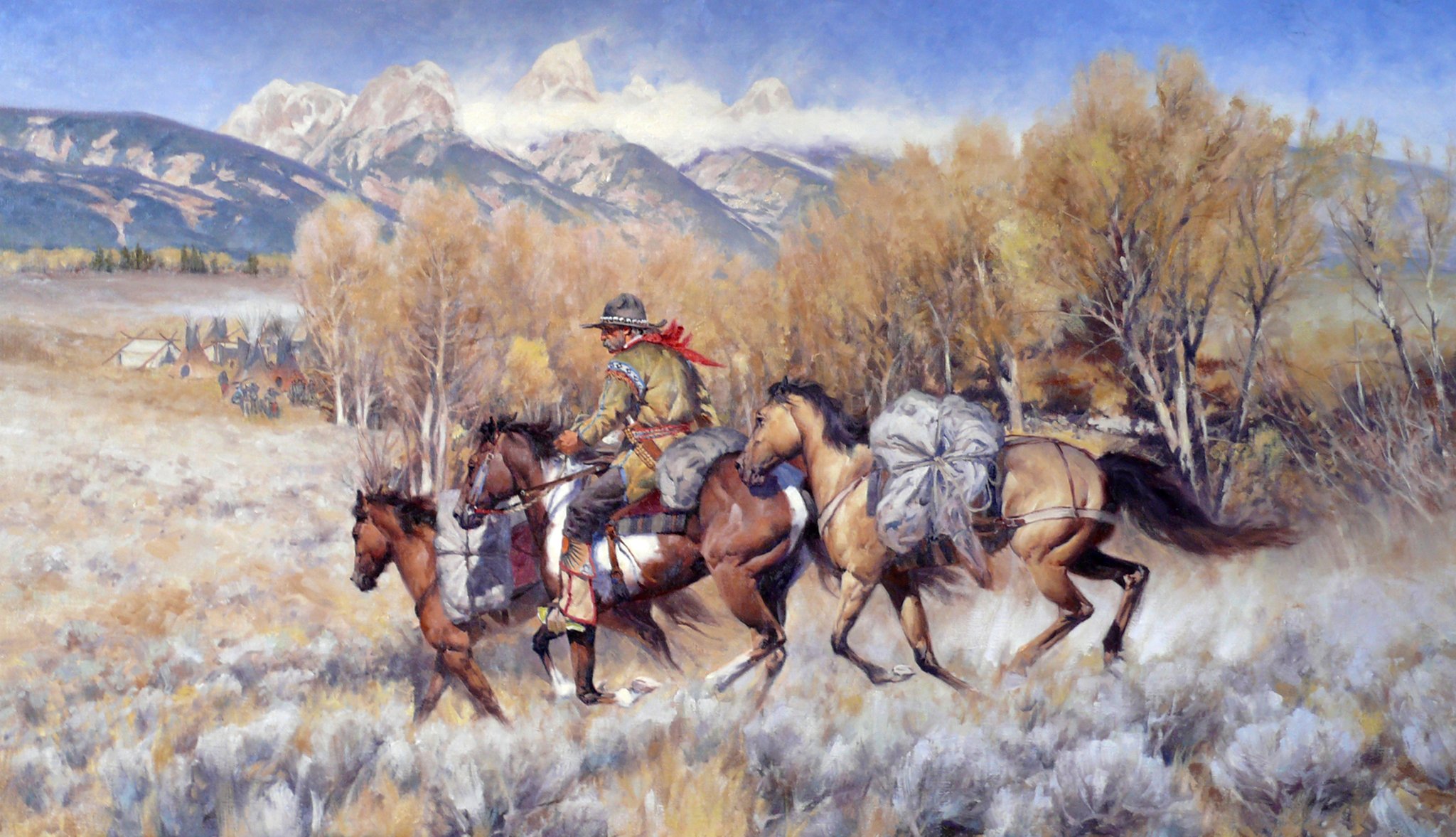 carter gary retorno del bossloper pintura paisaje cielo montañas caballos vaquero árboles pradera