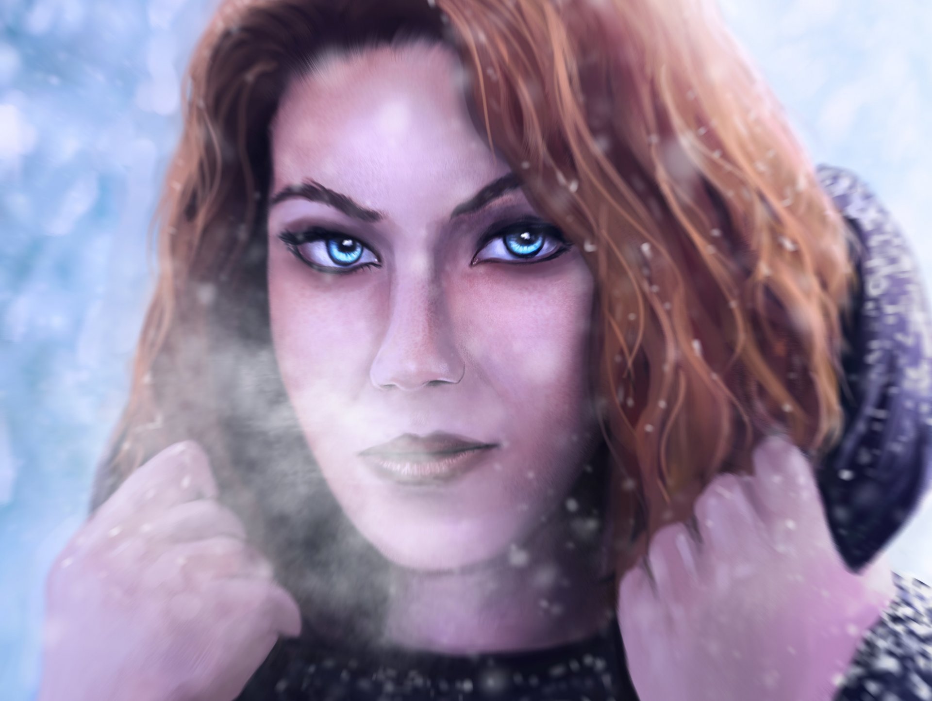 pintura arte chica cara mirada ojos azules pelo pelirroja capucha manos nieve frío invierno