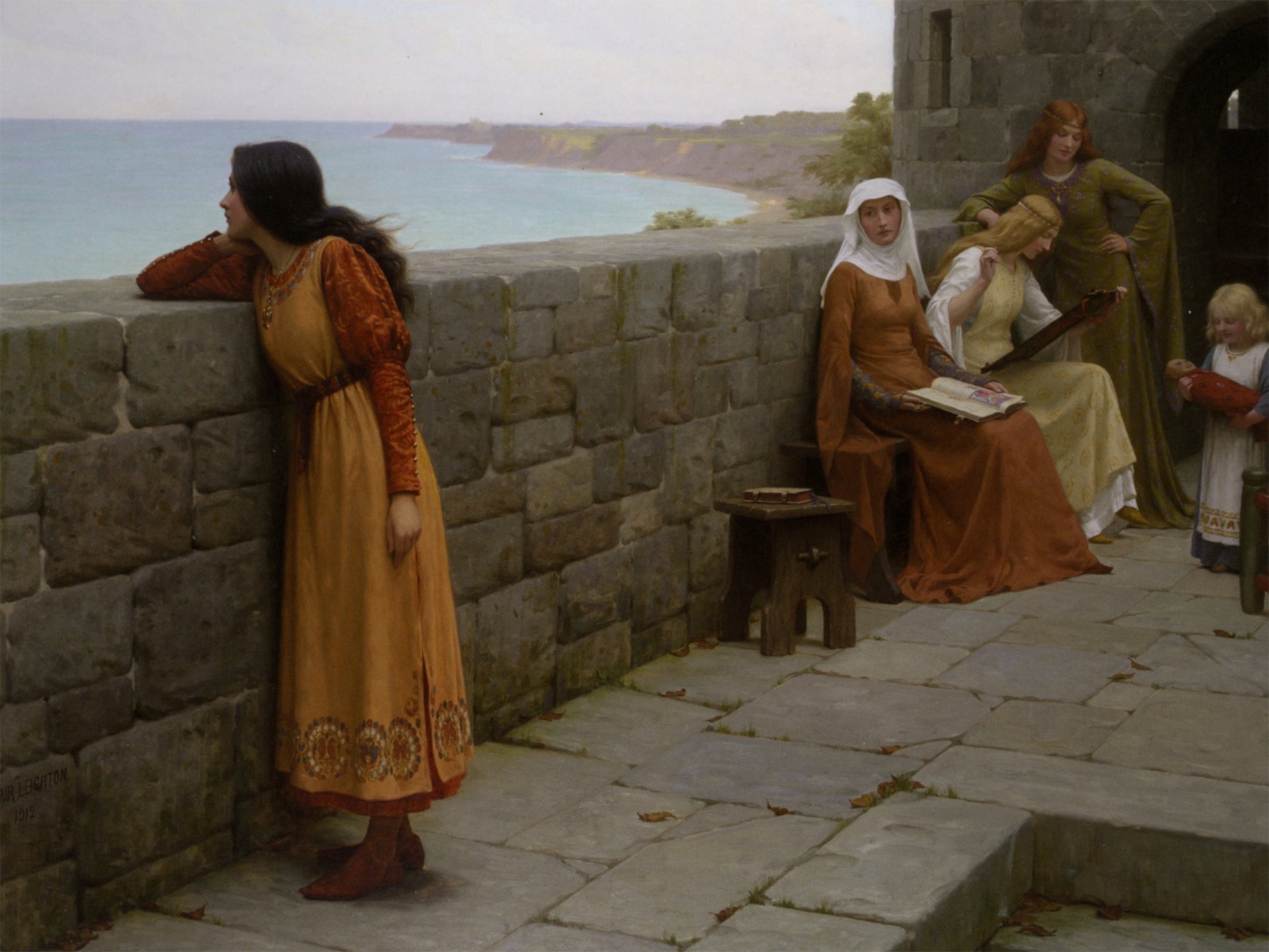 edmund blair leighton english painter romanticism pre-raphaelite middle ages the hostage picture castle fortification wall maiden muse sea seashore by edmund blair leighton hostage pattern fort