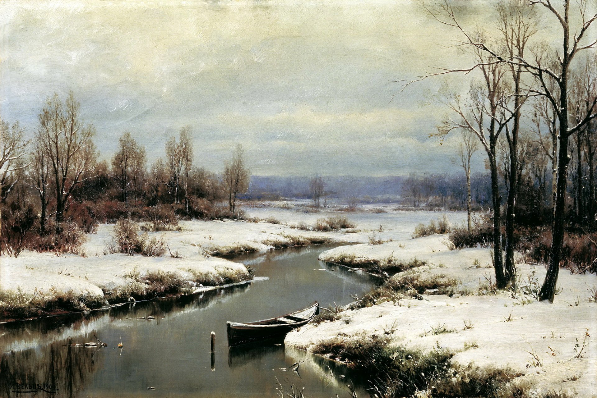 pittura weltz inizio inverno pittura fiume acqua neve barca alberi