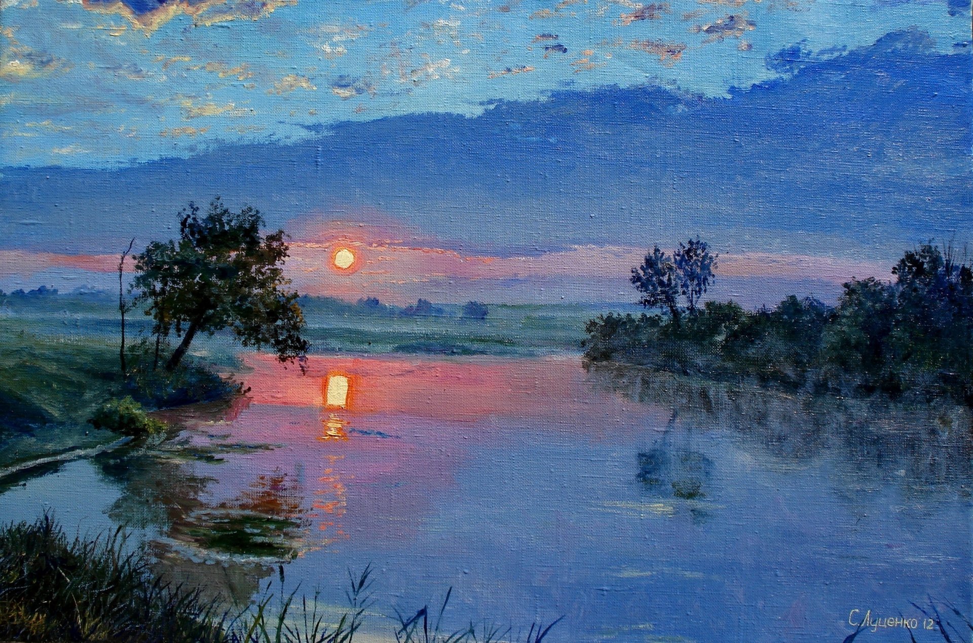 pintura lutsenko noche tranquila pintura lienzo paisaje naturaleza puesta de sol agua sol costa nubes