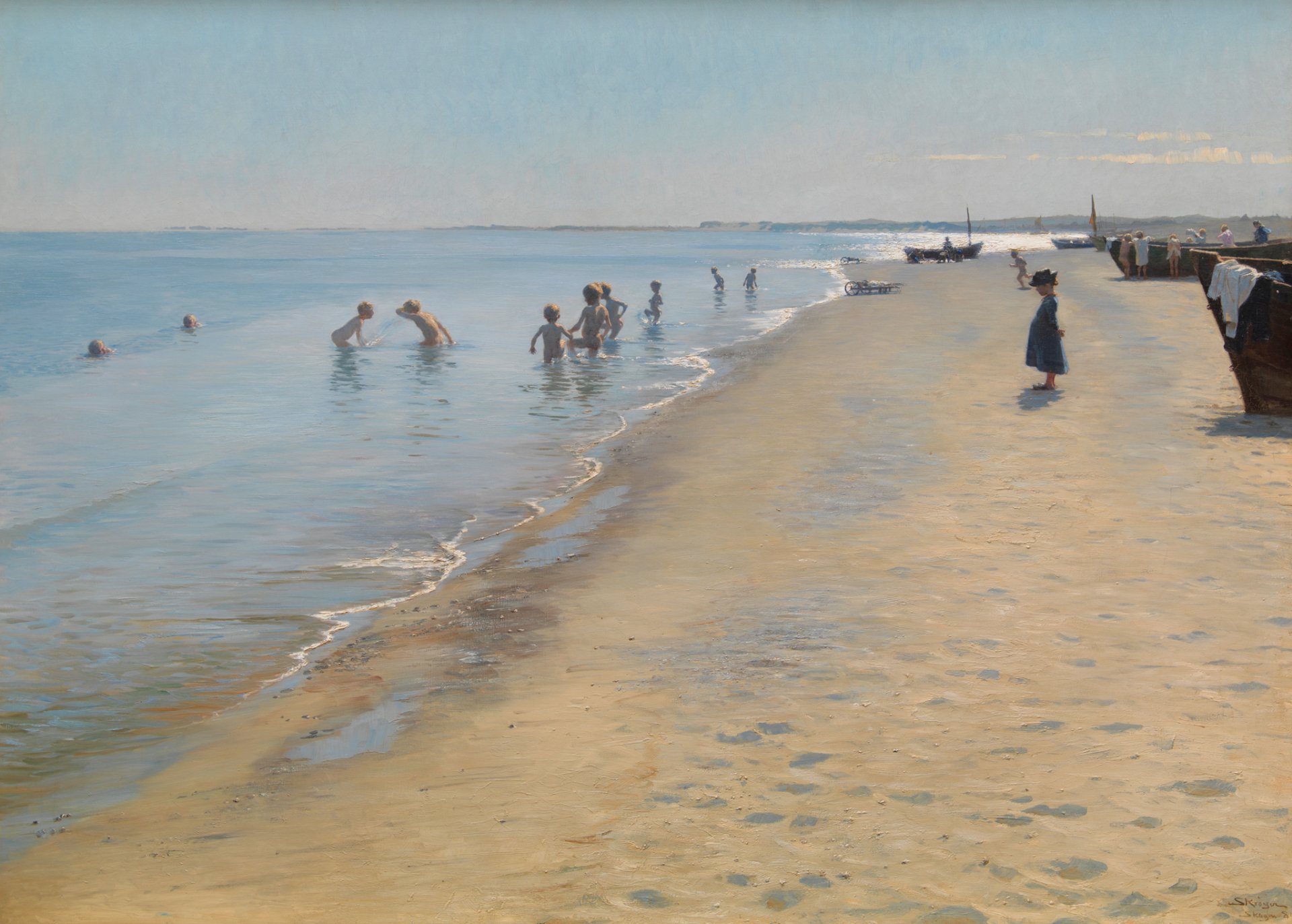 peder severin krøyer pittura genere cielo mare spiaggia sabbia barca bambini nuoto