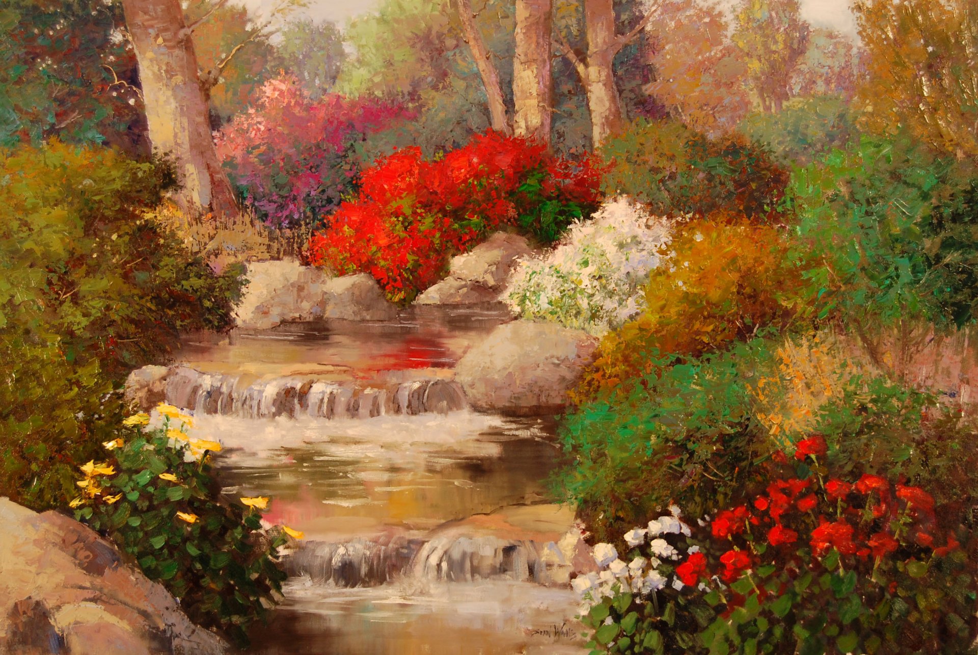 painting nature tree flower roses water brook