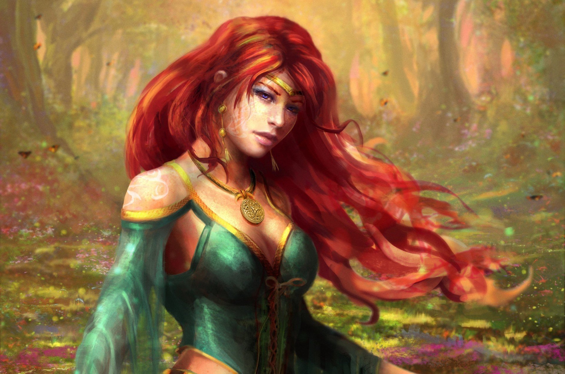 art girl red hair pendant forest