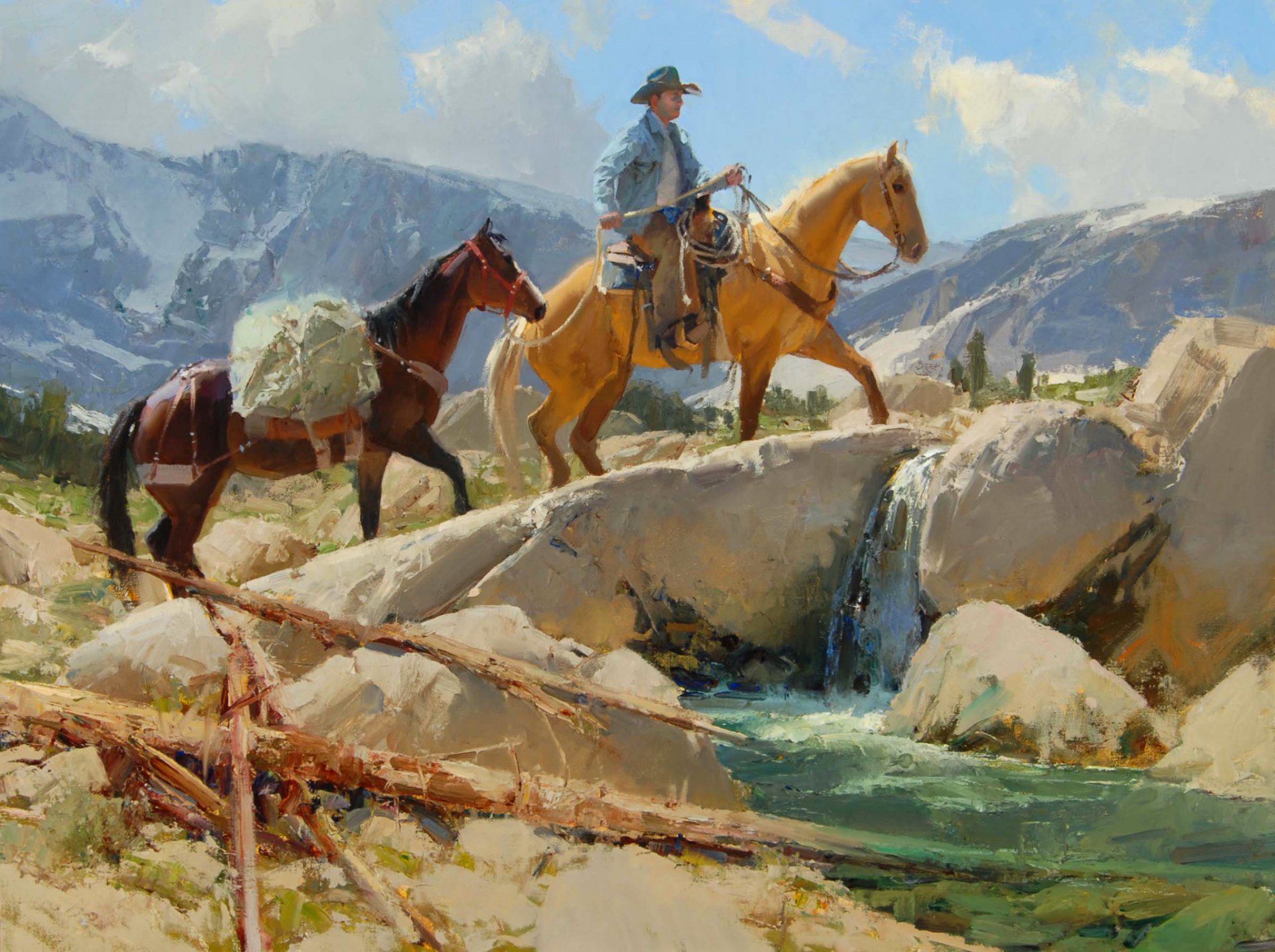 anton bill landschaft himmel berge cowboy pferd bach fluss steine