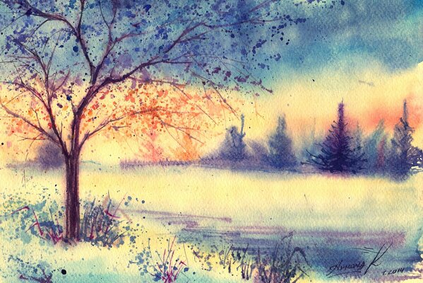 Paesaggio invernale dipinto ad acquerello