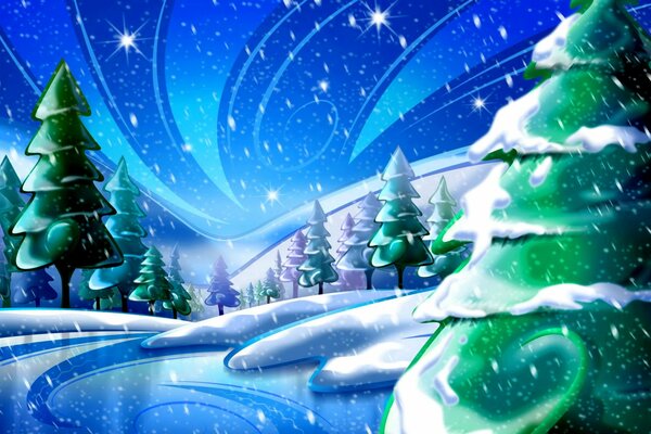 Cartoon drawing depicting a winter night