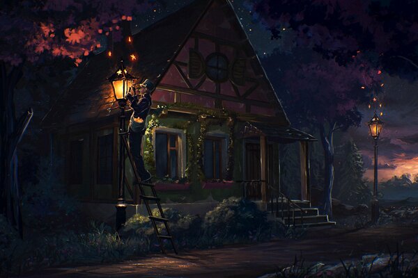 Дом с фонарями в темноте